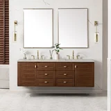 Amberly 72" Double Vanity, Mid-Century Walnut, w/ 3 CM Siberian Silestone Top w/FreePower Wireless Charger