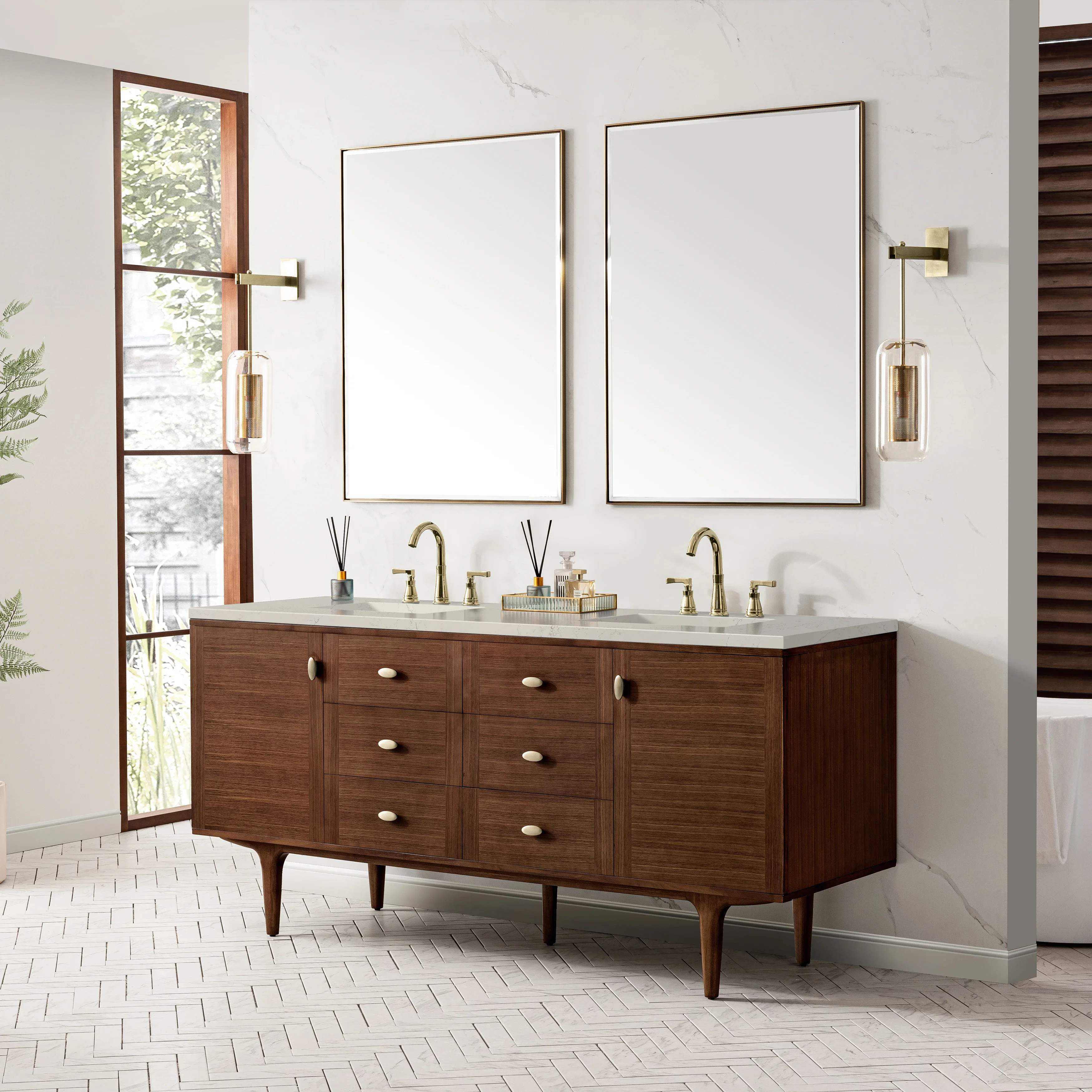 Amberly 72" Double Vanity, Mid-Century Walnut, w/ 3 CM Siberian Silestone Top w/FreePower Wireless Charger
