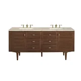 Amberly 72" Double Vanity, Mid-Century Walnut, w/ 3 CM Tajnar Eclos Top w/FreePower Wireless Charger