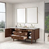 Amberly 72" Double Vanity, Mid-Century Walnut w/ 3 CM Victorian Silver Top w/FreePower Wireless Charger
