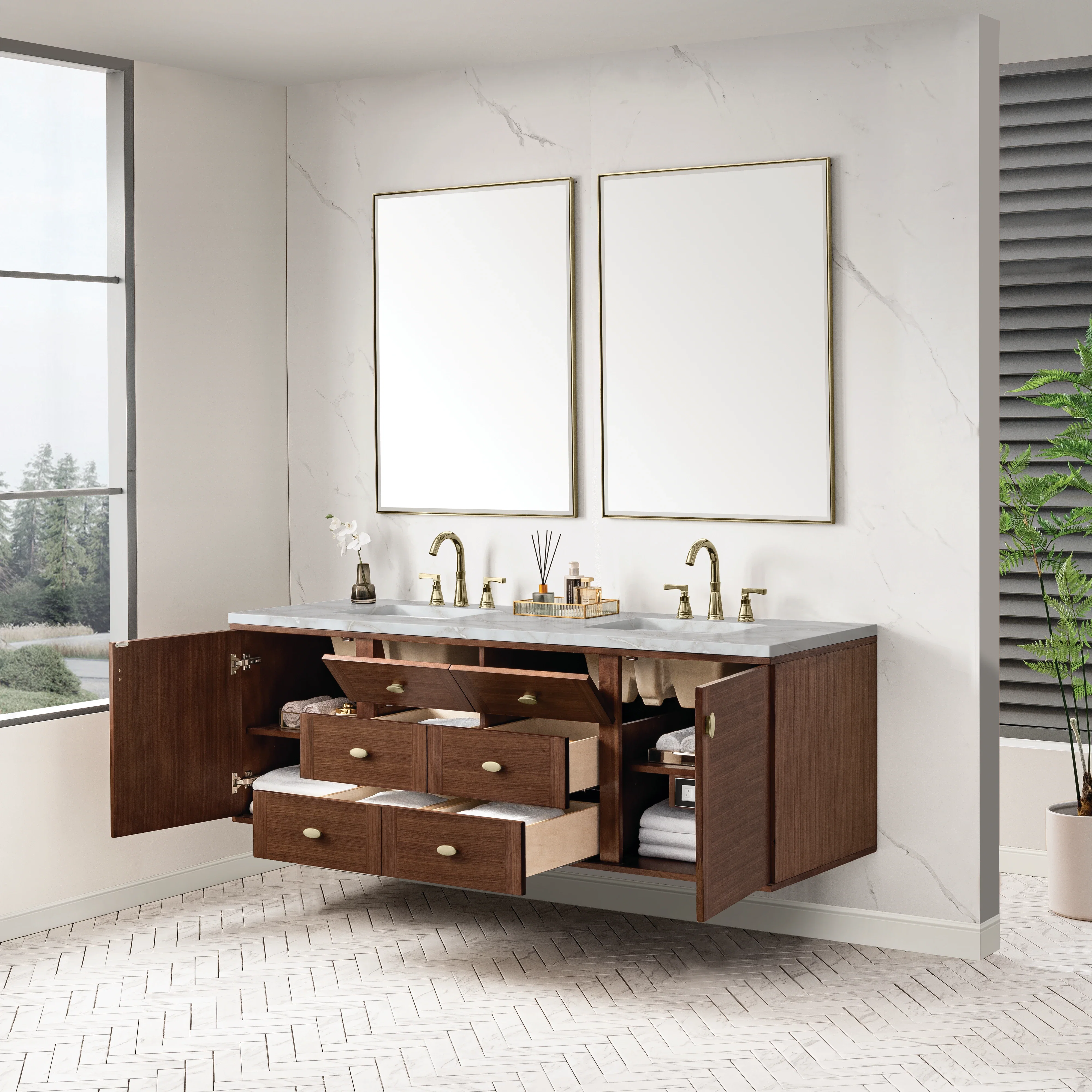Amberly 72" Double Vanity, Mid-Century Walnut w/ 3 CM Victorian Silver Top w/FreePower Wireless Charger