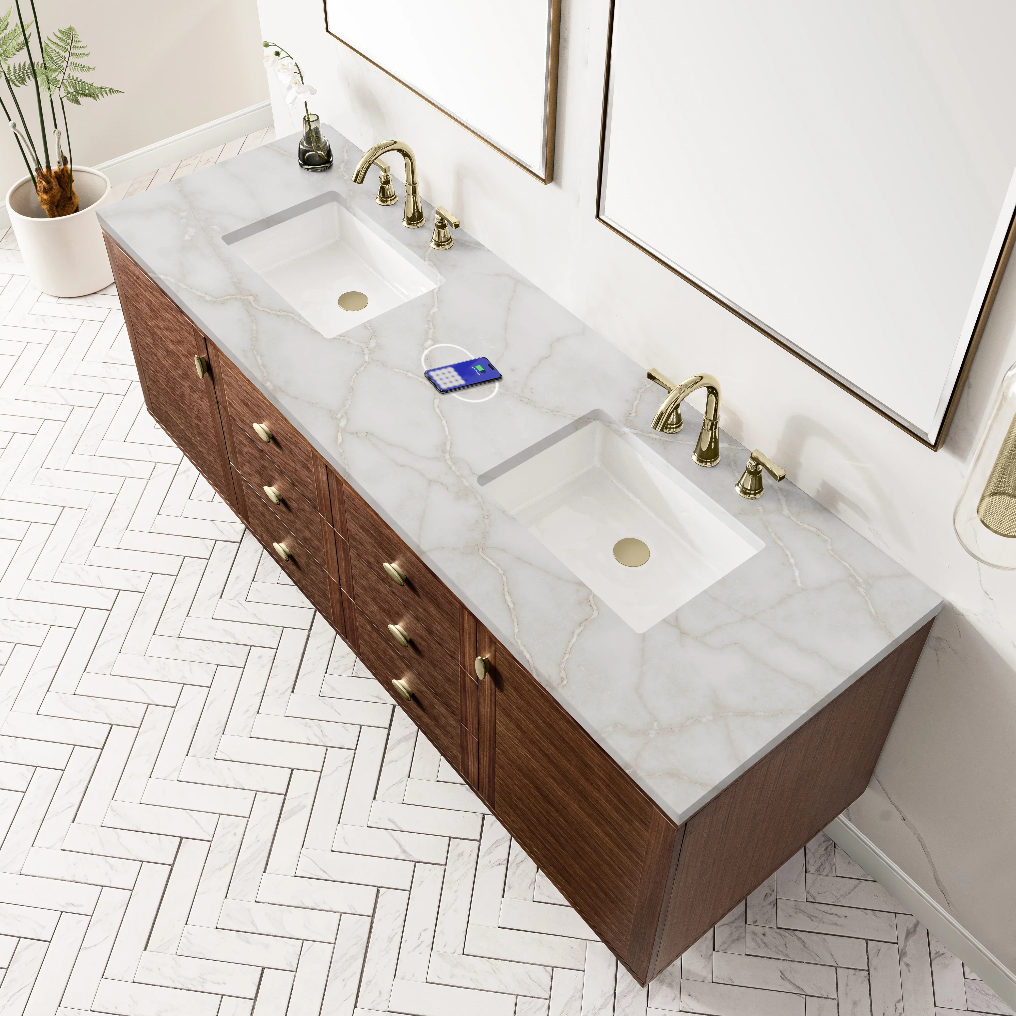 Amberly 72" Double Vanity, Mid-Century Walnut w/ 3 CM Victorian Silver Top w/FreePower Wireless Charger