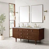 Amberly 72" Double Vanity, Mid-Century Walnut w/ 3 CM Victorian Silver Top w/FreePower Wireless Charger