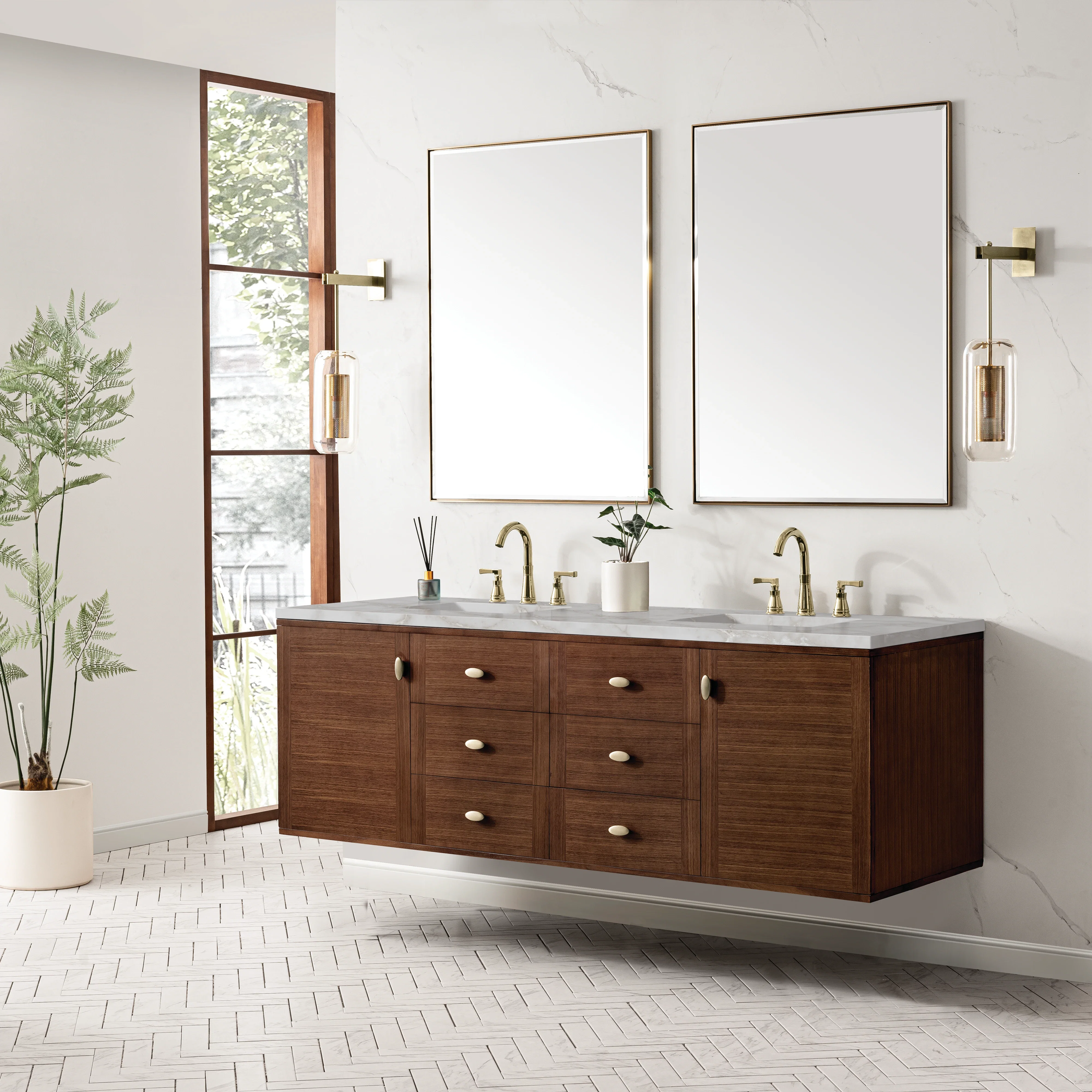 Amberly 72" Double Vanity, Mid-Century Walnut w/ 3 CM Victorian Silver Top w/FreePower Wireless Charger