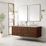 Amberly 72" Double Vanity, Mid-Century Walnut w/ 3 CM Victorian Silver Top w/FreePower Wireless Charger