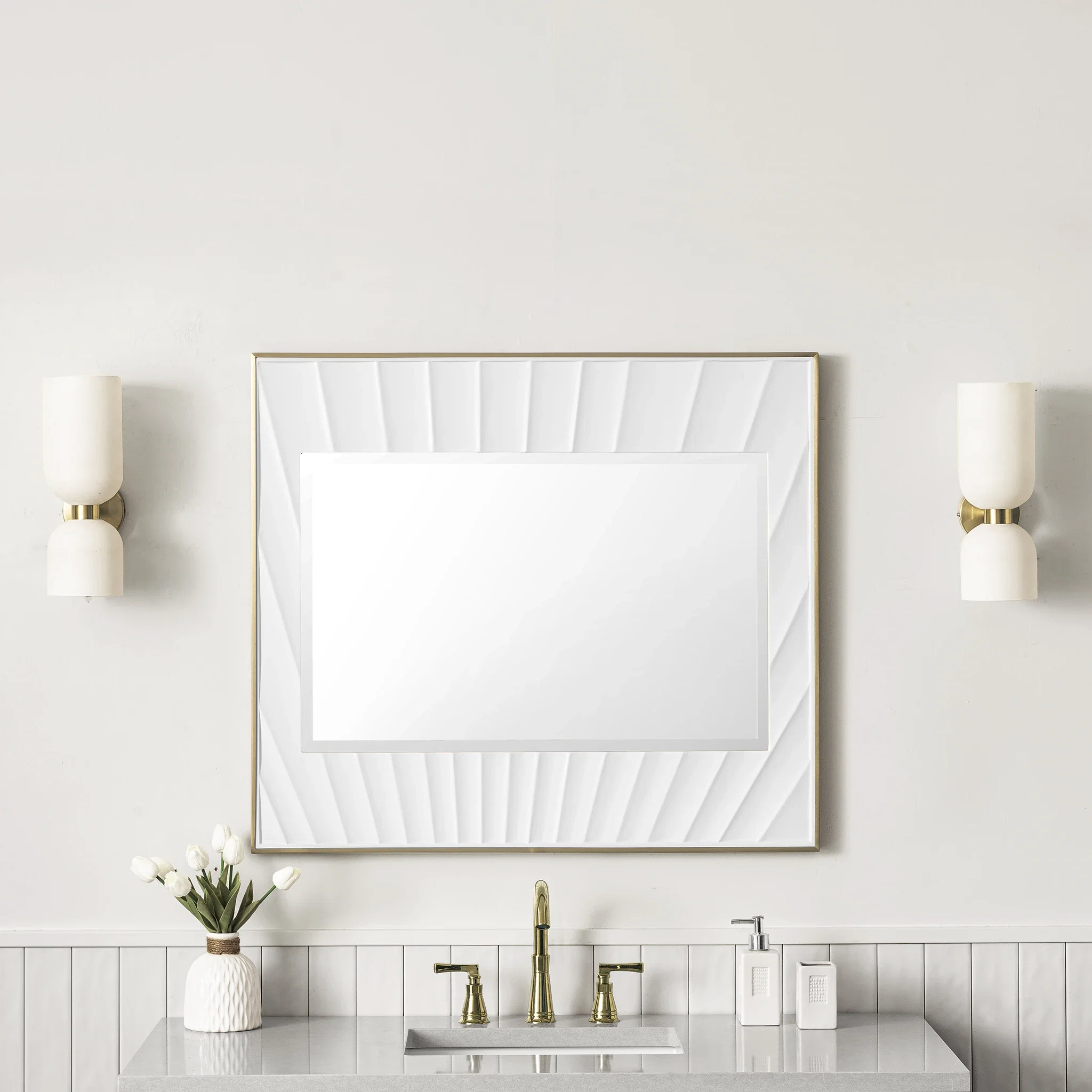 Soleil 36" Mirror, Matte White with Gold