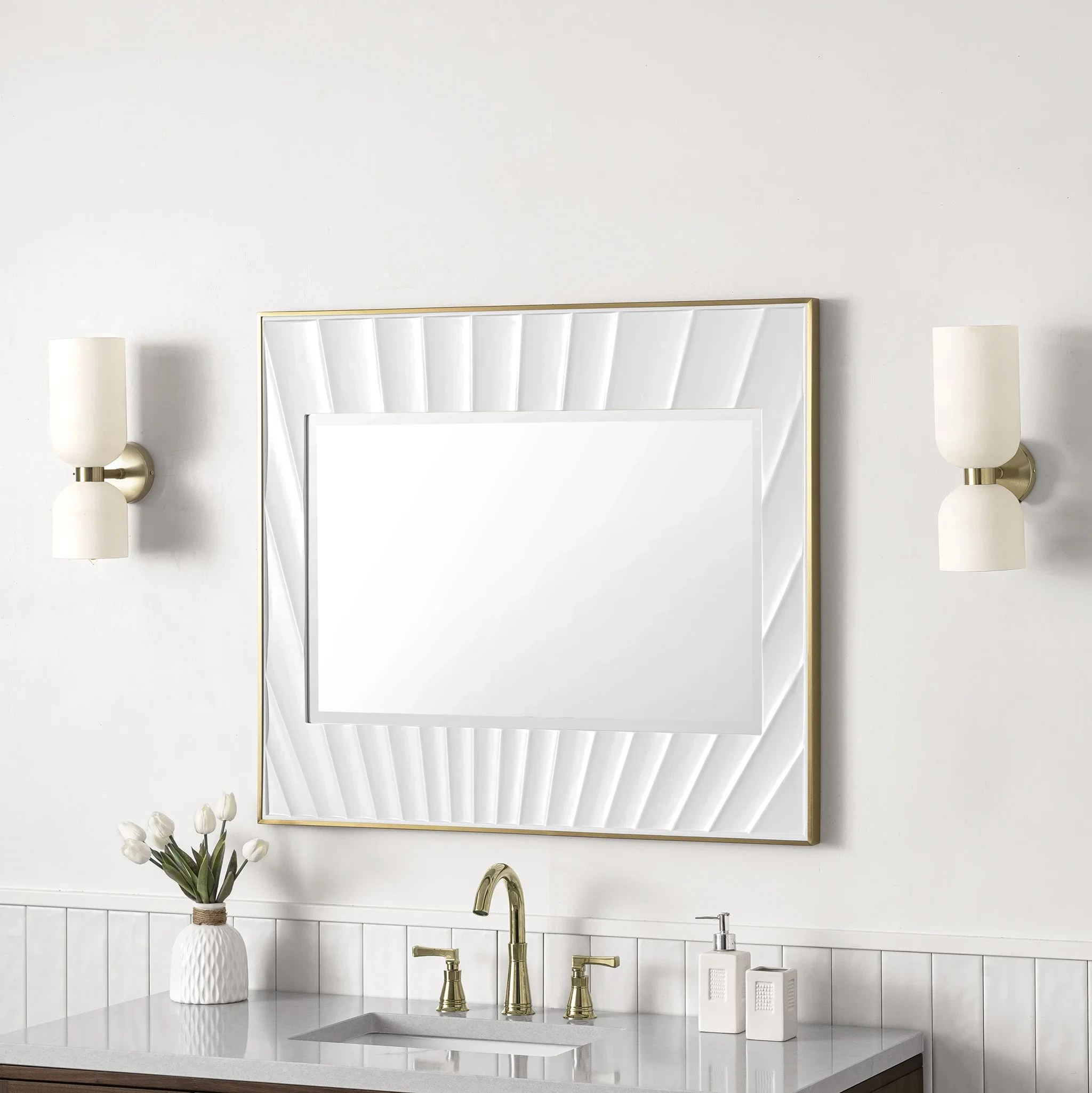 Soleil 36" Mirror, Matte White with Gold