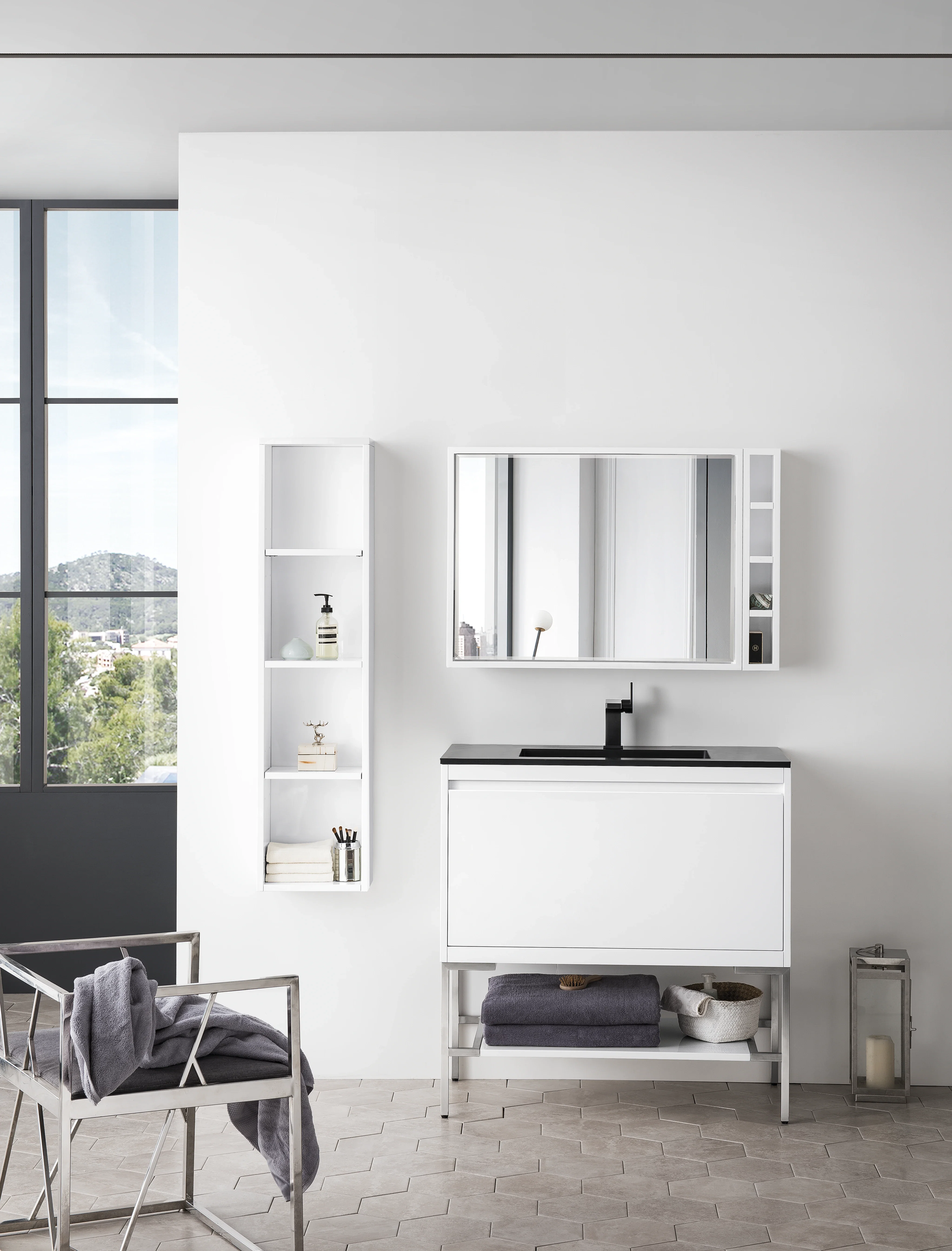 Milan 35.4" Square Cube Mirror, Glossy White