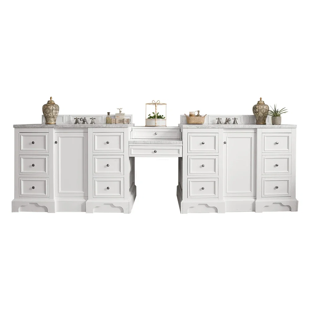 De Soto 118" Double Vanity Set, Bright White w/ 3 CM Carrara Marble Top