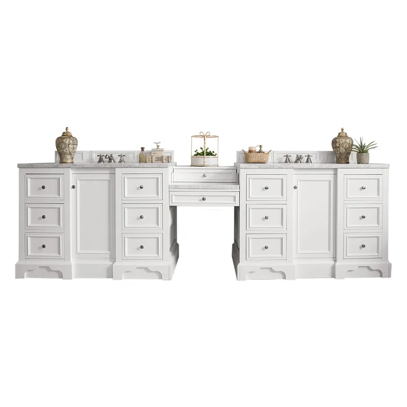De Soto 118" Double Vanity Set, Bright White w/ 3 CM Carrara Marble Top