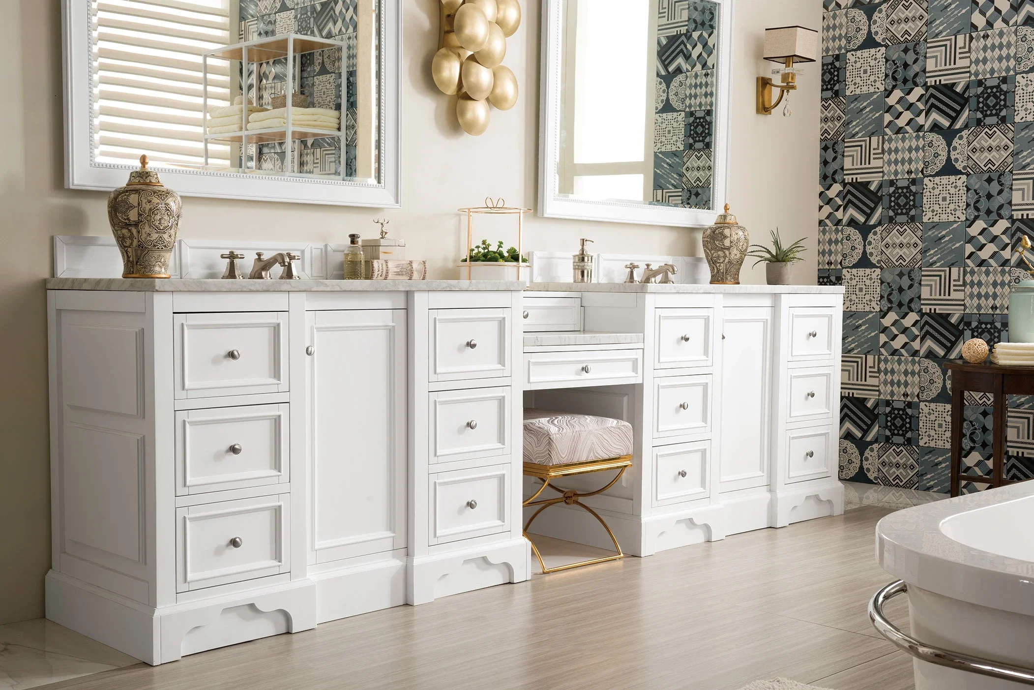 De Soto 118" Double Vanity Set, Bright White w/ 3 CM Carrara Marble Top
