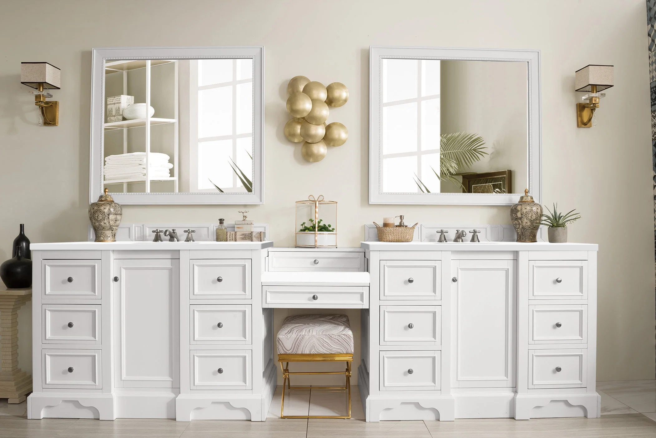 De Soto 118" Double Vanity Set, Bright White w/ 3 CM White Zeus Silestone Top
