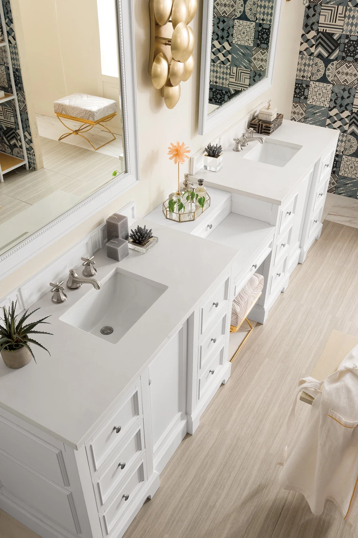 De Soto 118" Double Vanity Set, Bright White w/ 3 CM White Zeus Silestone Top