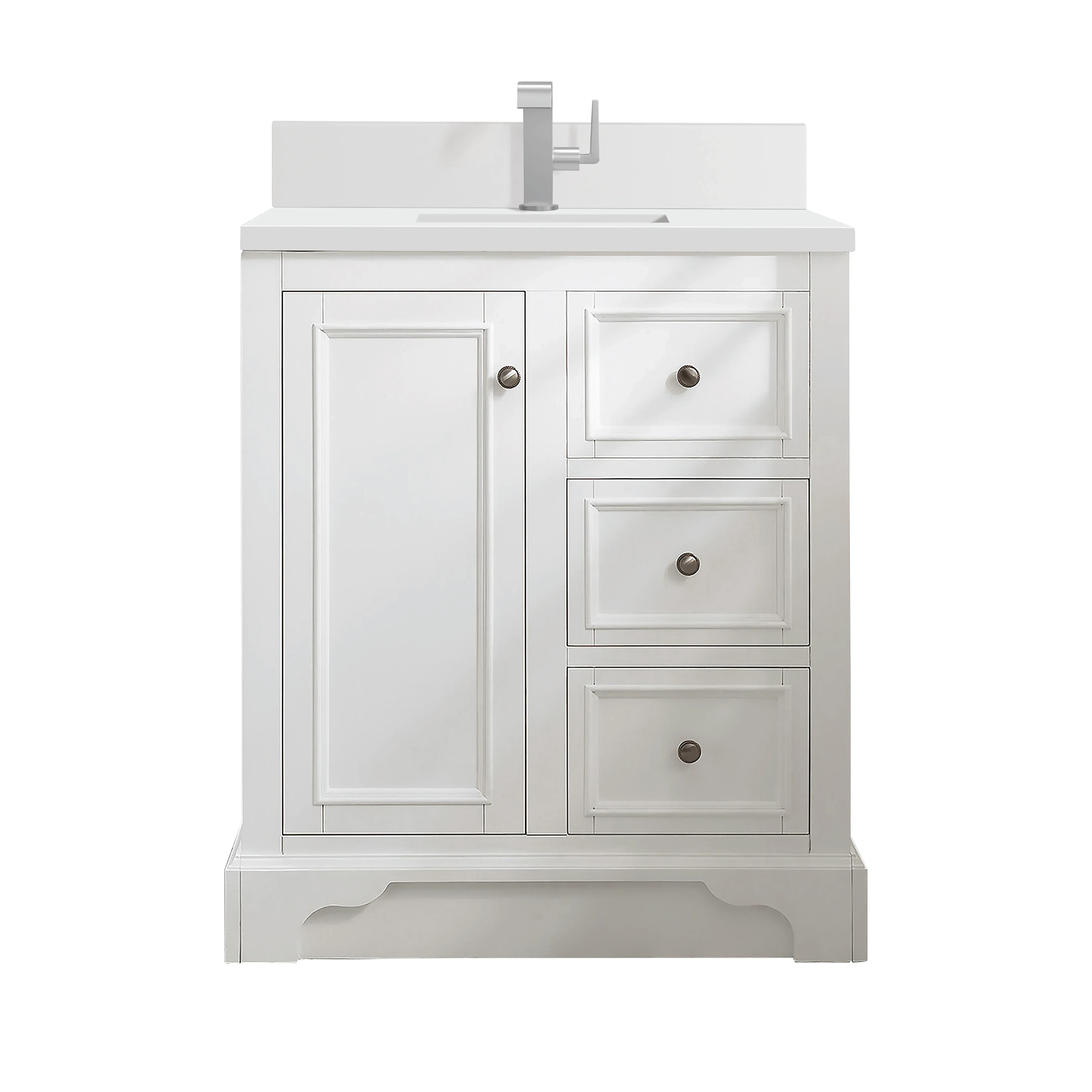 De Soto 30" Single Vanity, Bright White w/ Single Hole 3 CM White Zeus Silestone Top & Backsplash