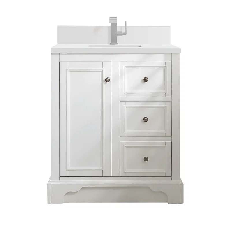 De Soto 30" Single Vanity, Bright White w/ Single Hole 3 CM White Zeus Silestone Top & Backsplash