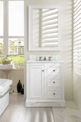De Soto 30" Single Vanity, Bright White w/ 3 CM Carrara Marble Top