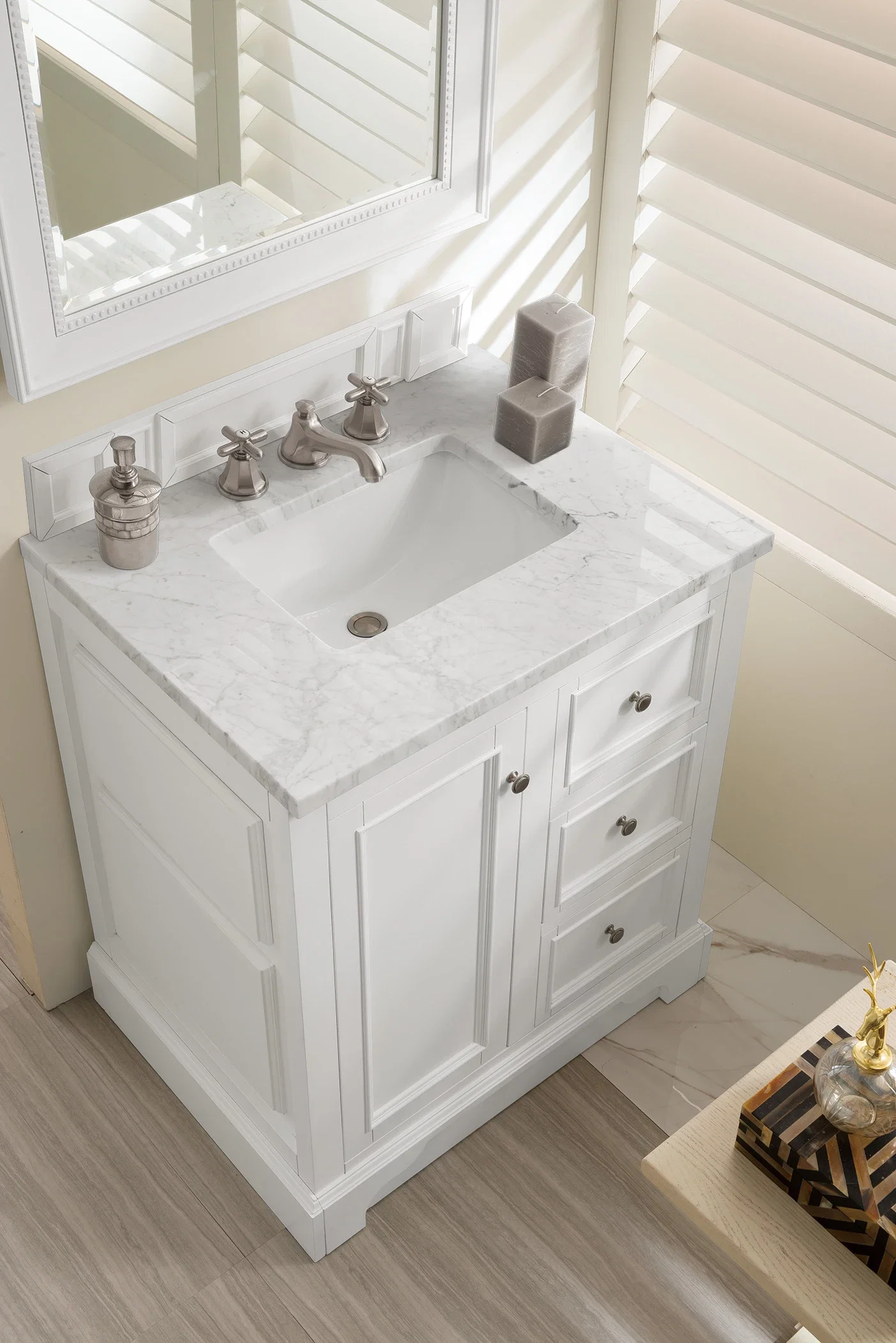 De Soto 30" Single Vanity, Bright White w/ 3 CM Carrara Marble Top
