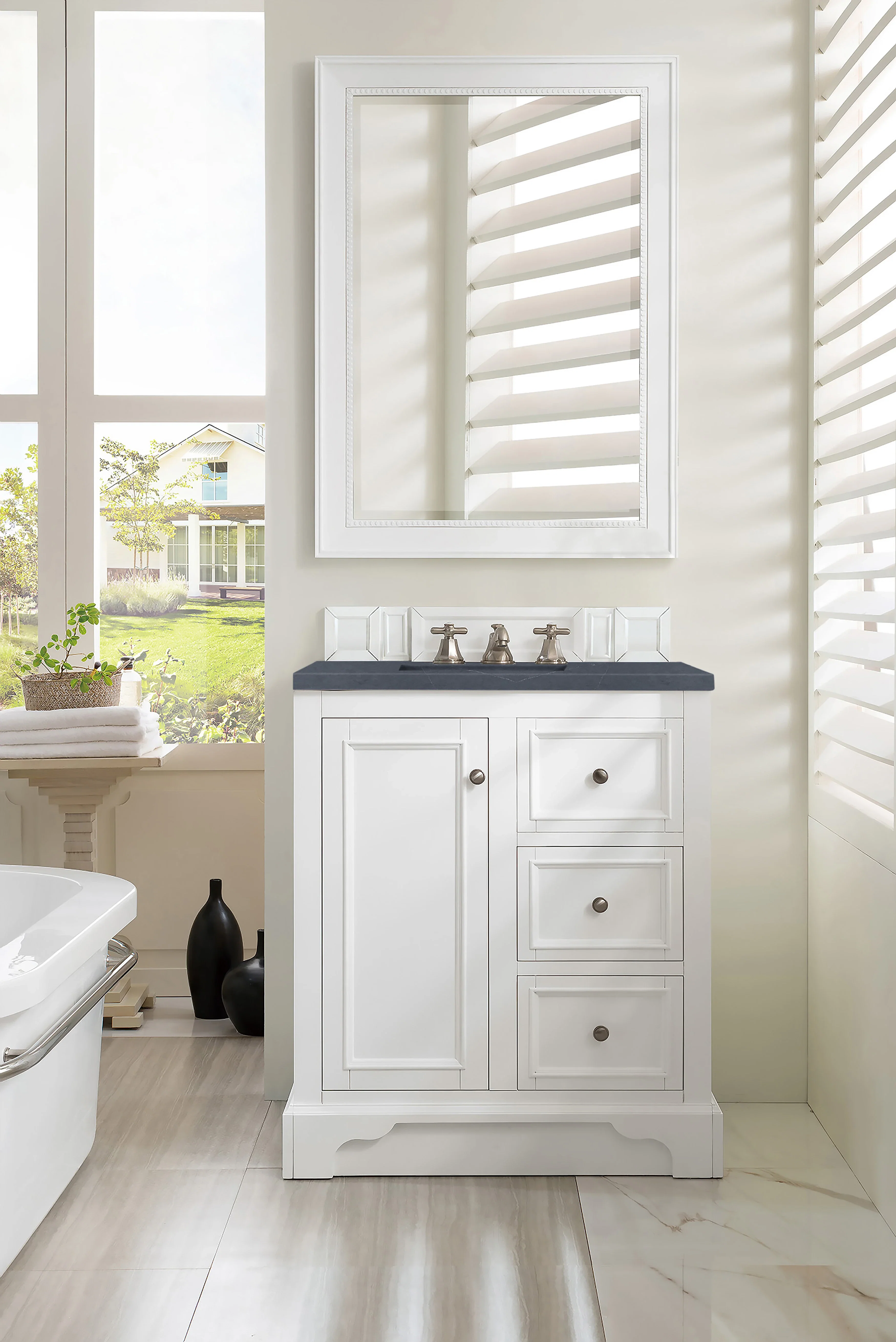 De Soto 30" Single Vanity, Bright White w/ 3 CM Charcoal Soapstone Silestone Top