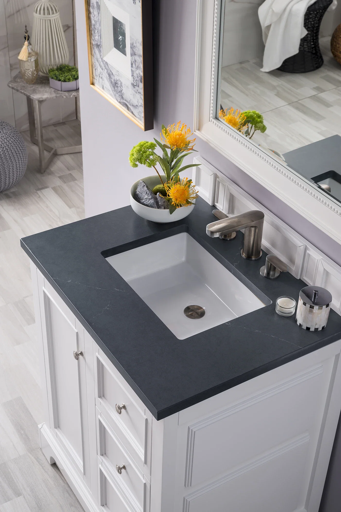 De Soto 30" Single Vanity, Bright White w/ 3 CM Charcoal Soapstone Silestone Top