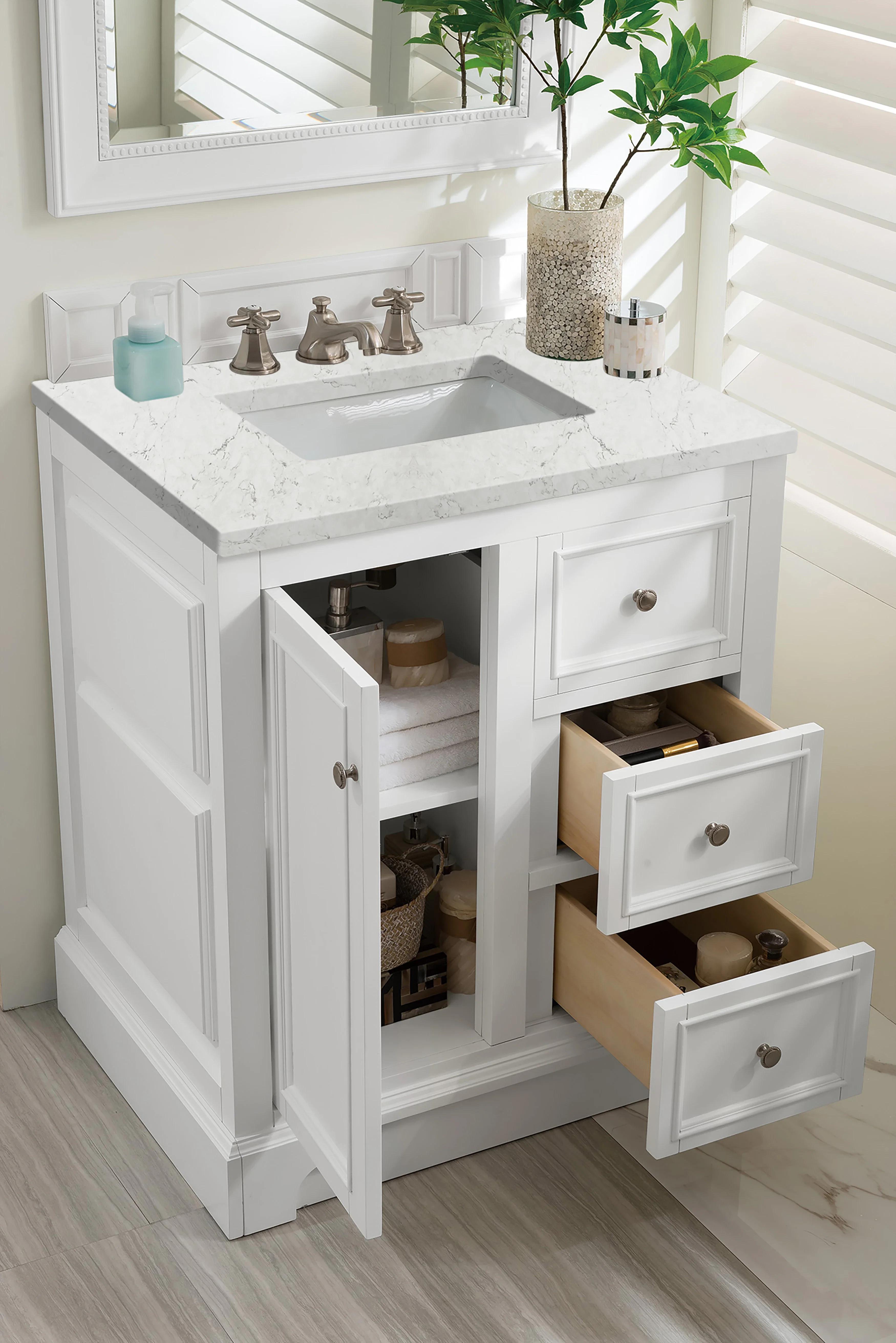 De Soto 30" Single Vanity, Bright White w/ 3 CM Eternal Jasmine Pearl Silestone Top