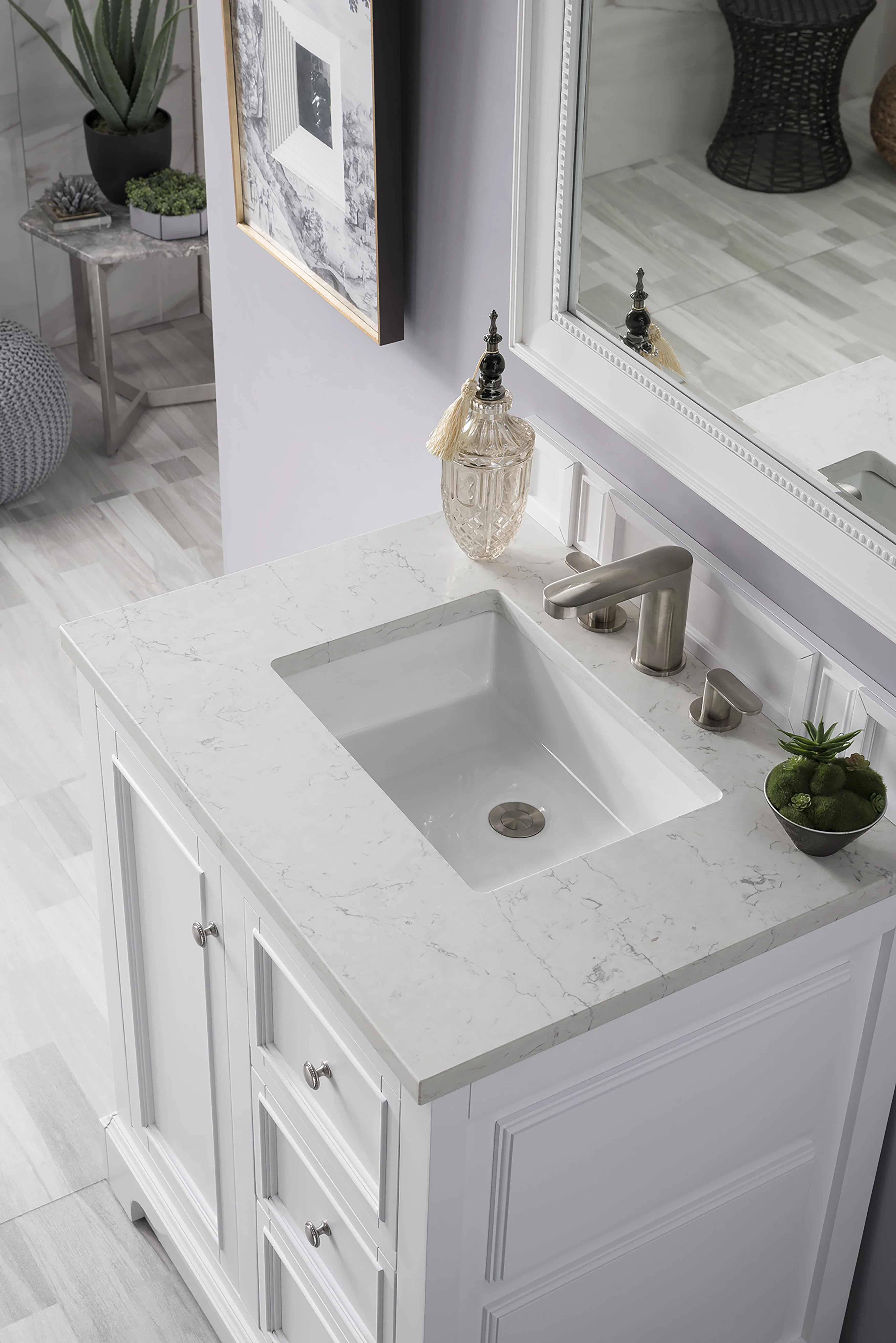 De Soto 30" Single Vanity, Bright White w/ 3 CM Eternal Jasmine Pearl Silestone Top