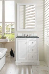 De Soto 30" Single Vanity, Bright White w/ 3 CM Parisien Bleu Silestone Top
