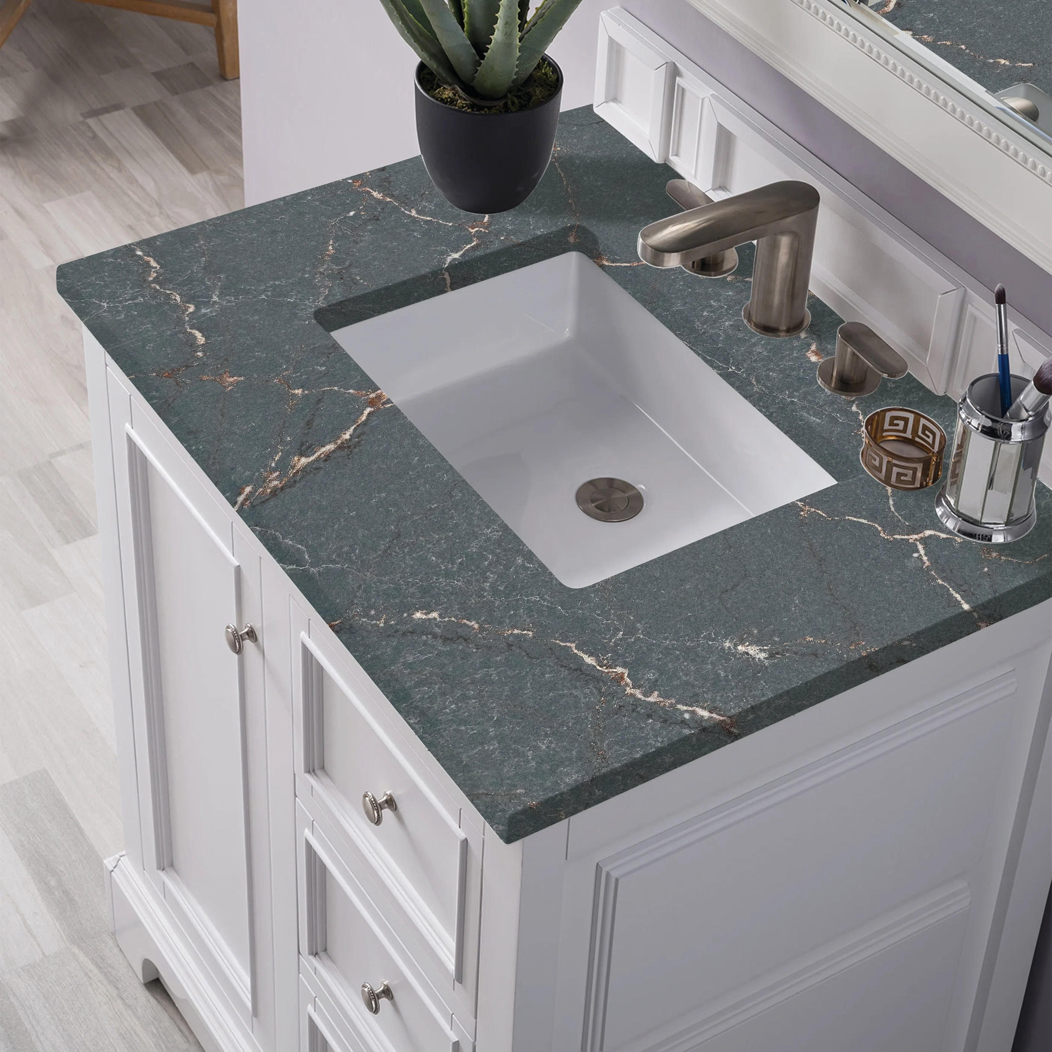 De Soto 30" Single Vanity, Bright White w/ 3 CM Parisien Bleu Silestone Top