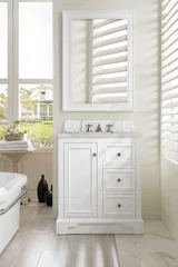 De Soto 30" Single Vanity, Bright White w/ 3 CM Victorian Silver Silestone Top