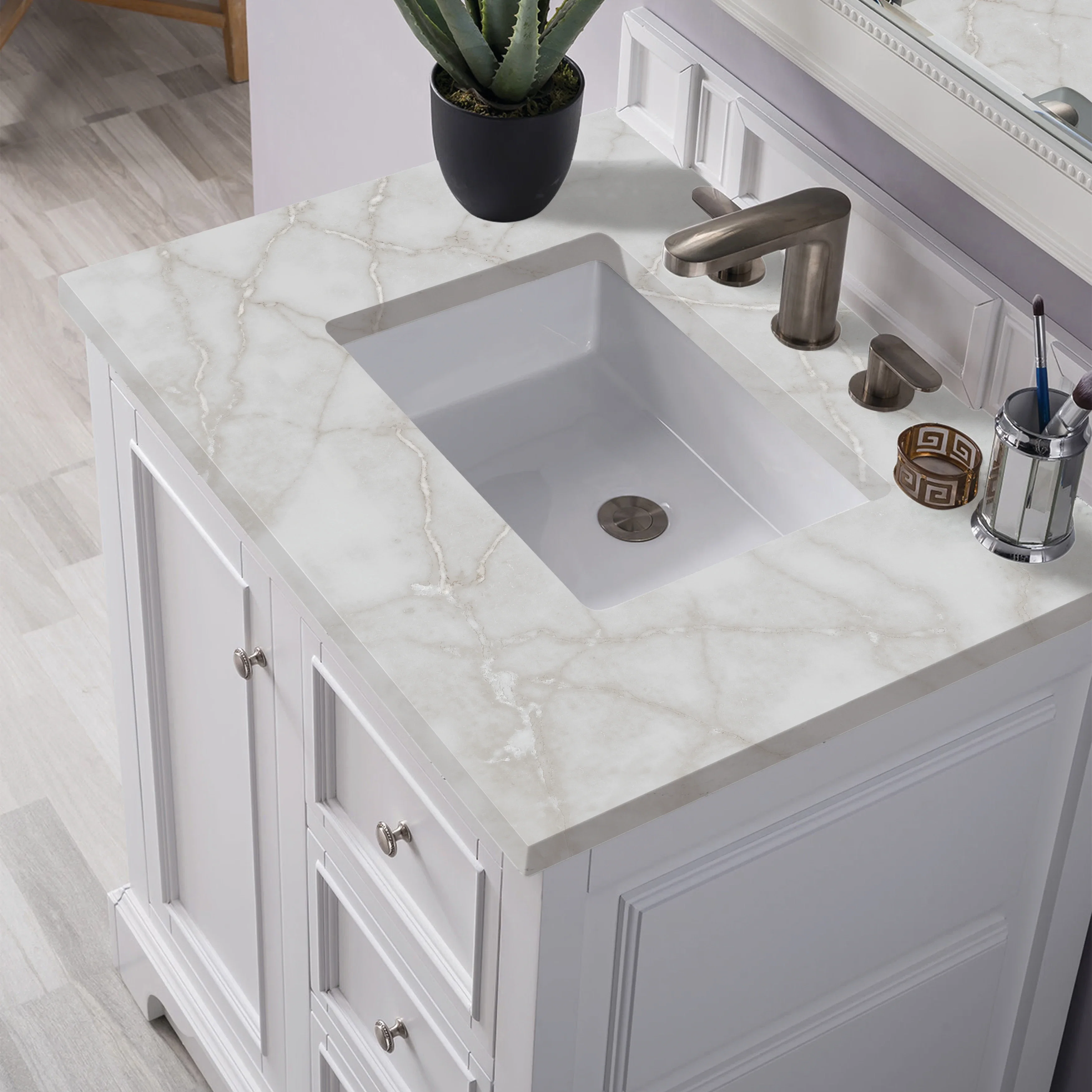 De Soto 30" Single Vanity, Bright White w/ 3 CM Victorian Silver Silestone Top