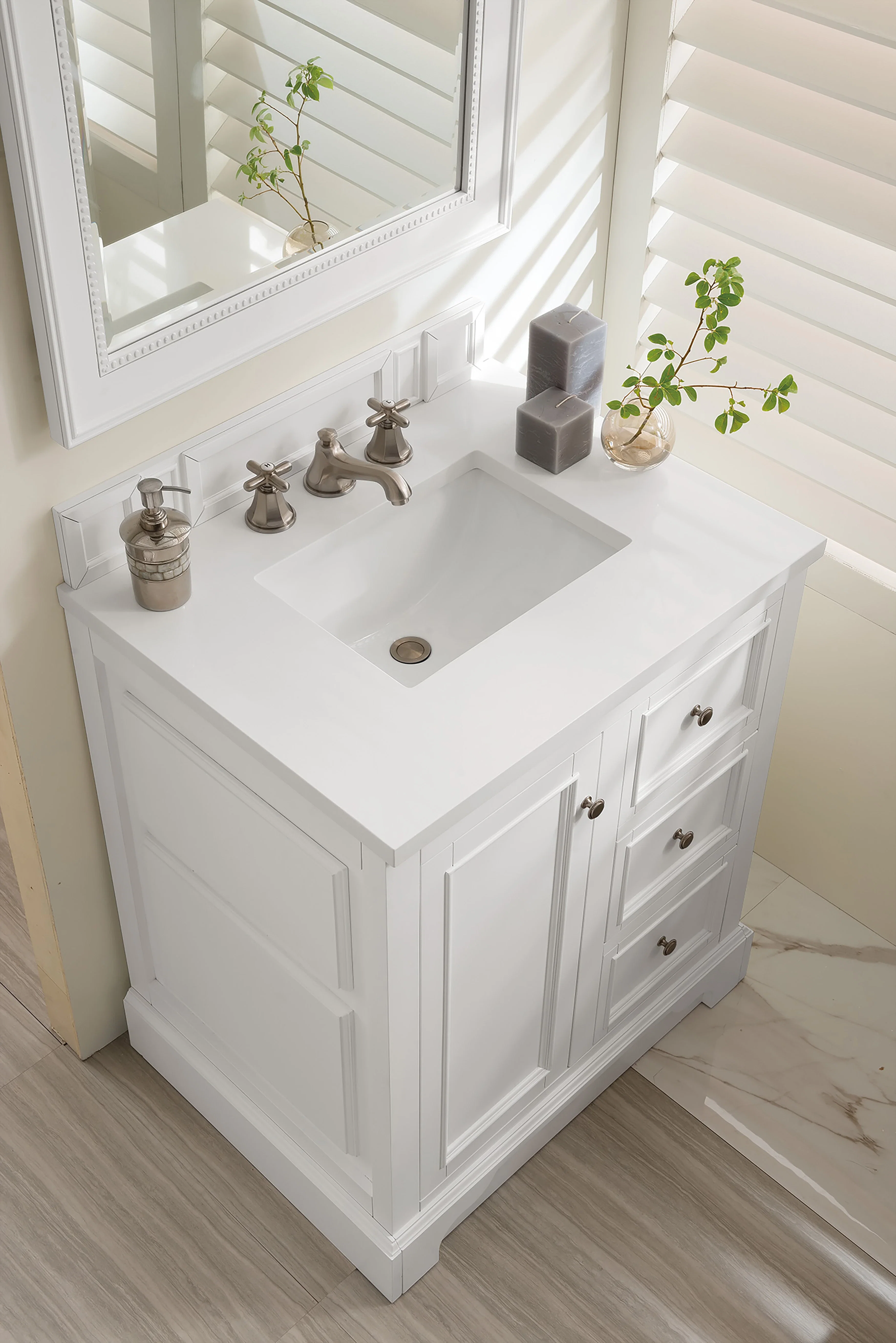 De Soto 30" Single Vanity, Bright White w/ 3 CM White Zeus Silestone Top