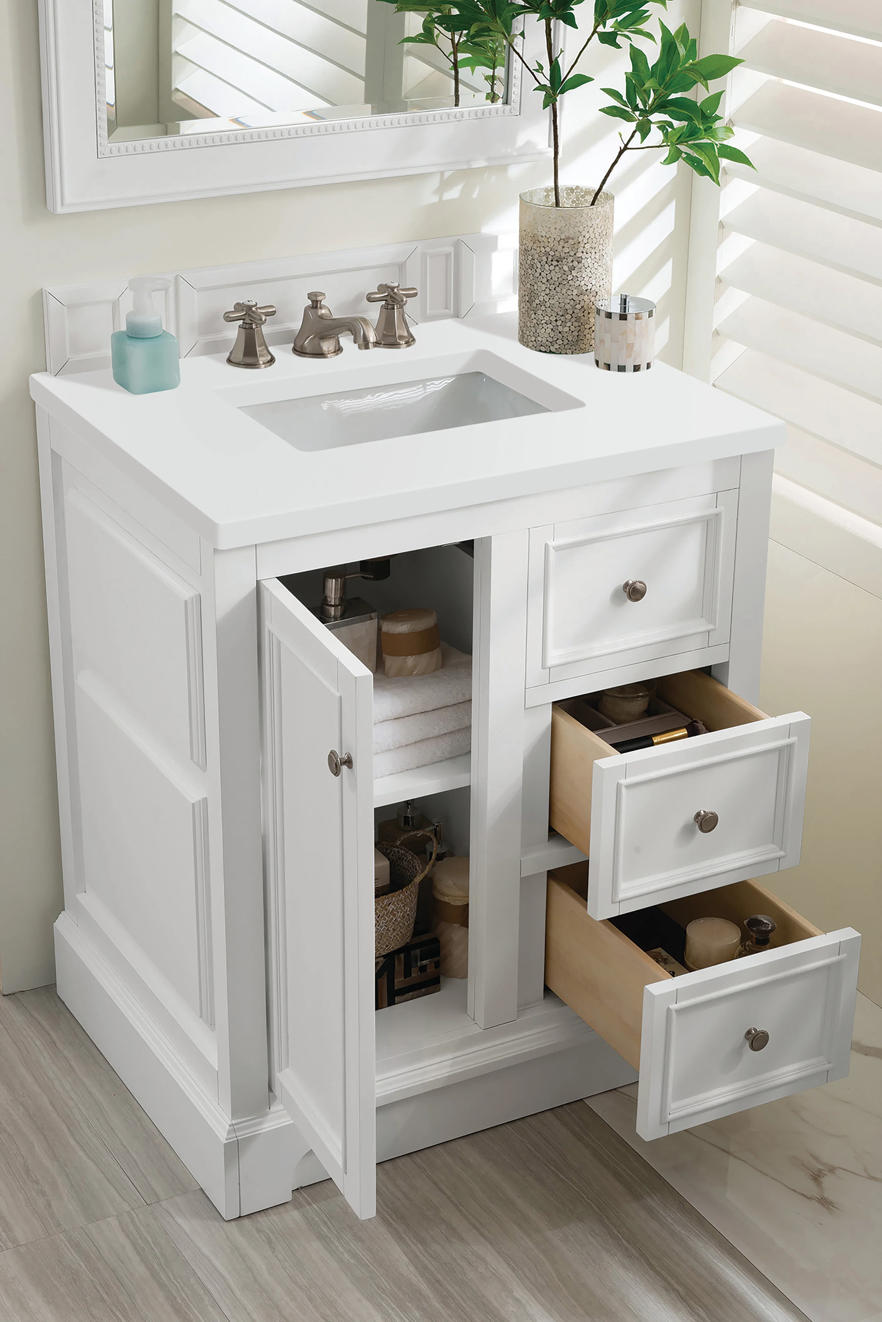 De Soto 30" Single Vanity, Bright White w/ 3 CM White Zeus Silestone Top
