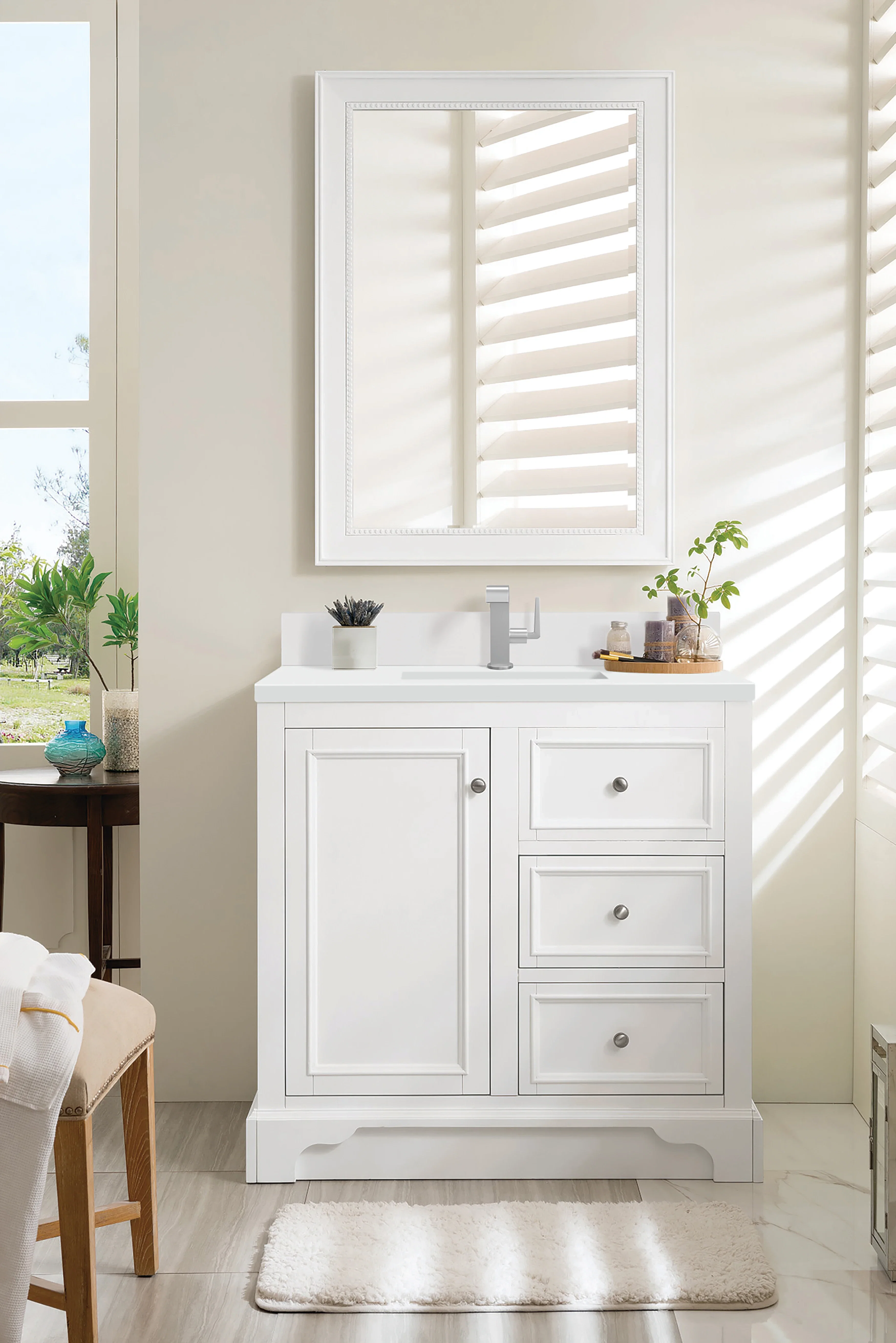 De Soto 36" Single Vanity, Bright White w/ Single Hole 3 CM White Zeus Silestone Top & Backsplash