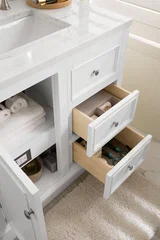 De Soto 36" Single Vanity, Bright White w/ Single Hole 3 CM White Zeus Silestone Top & Backsplash