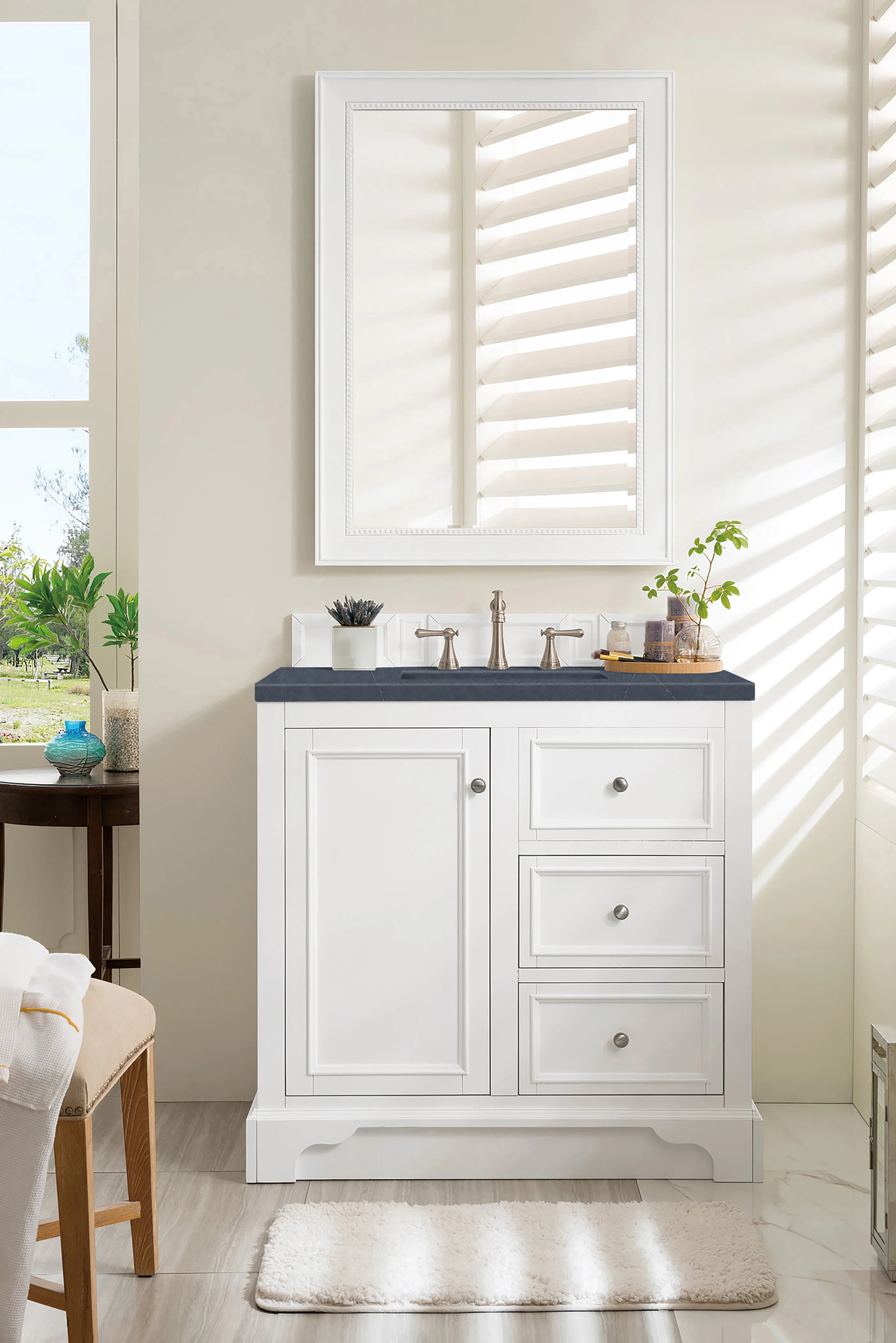 De Soto 36" Single Vanity, Bright White w/ 3 CM Charcoal Soapstone Silestone Top