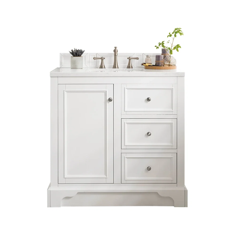 De Soto 36" Single Vanity, Bright White w/ 3 CM Eternal Jasmine Pearl Silestone Top