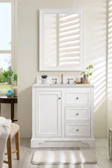 De Soto 36" Single Vanity, Bright White w/ 3 CM Eternal Jasmine Pearl Silestone Top