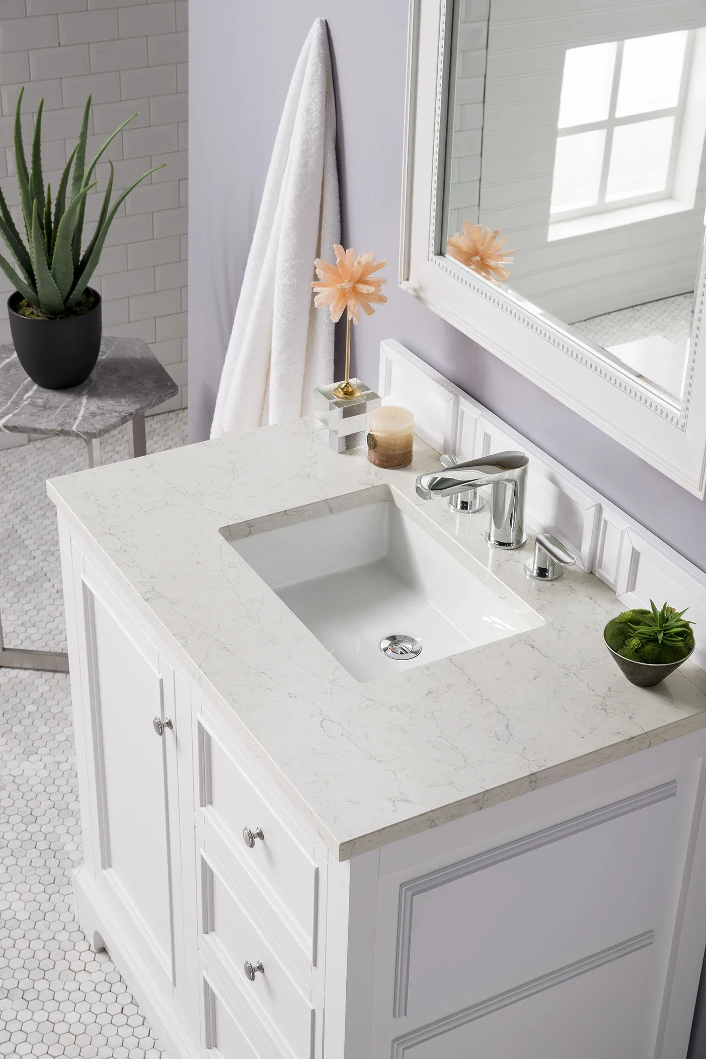 De Soto 36" Single Vanity, Bright White w/ 3 CM Eternal Jasmine Pearl Silestone Top