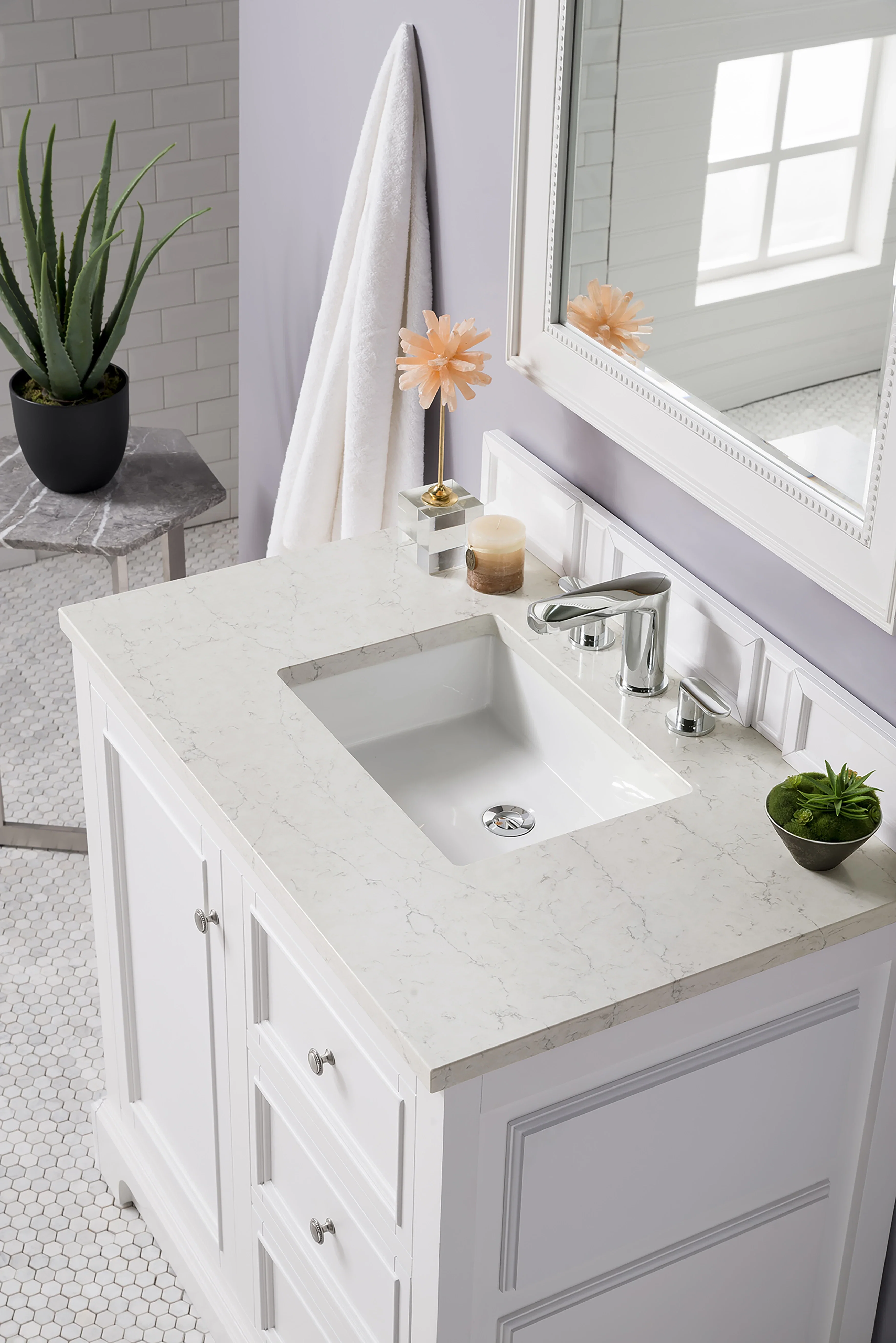 De Soto 36" Single Vanity, Bright White w/ 3 CM Eternal Jasmine Pearl Silestone Top
