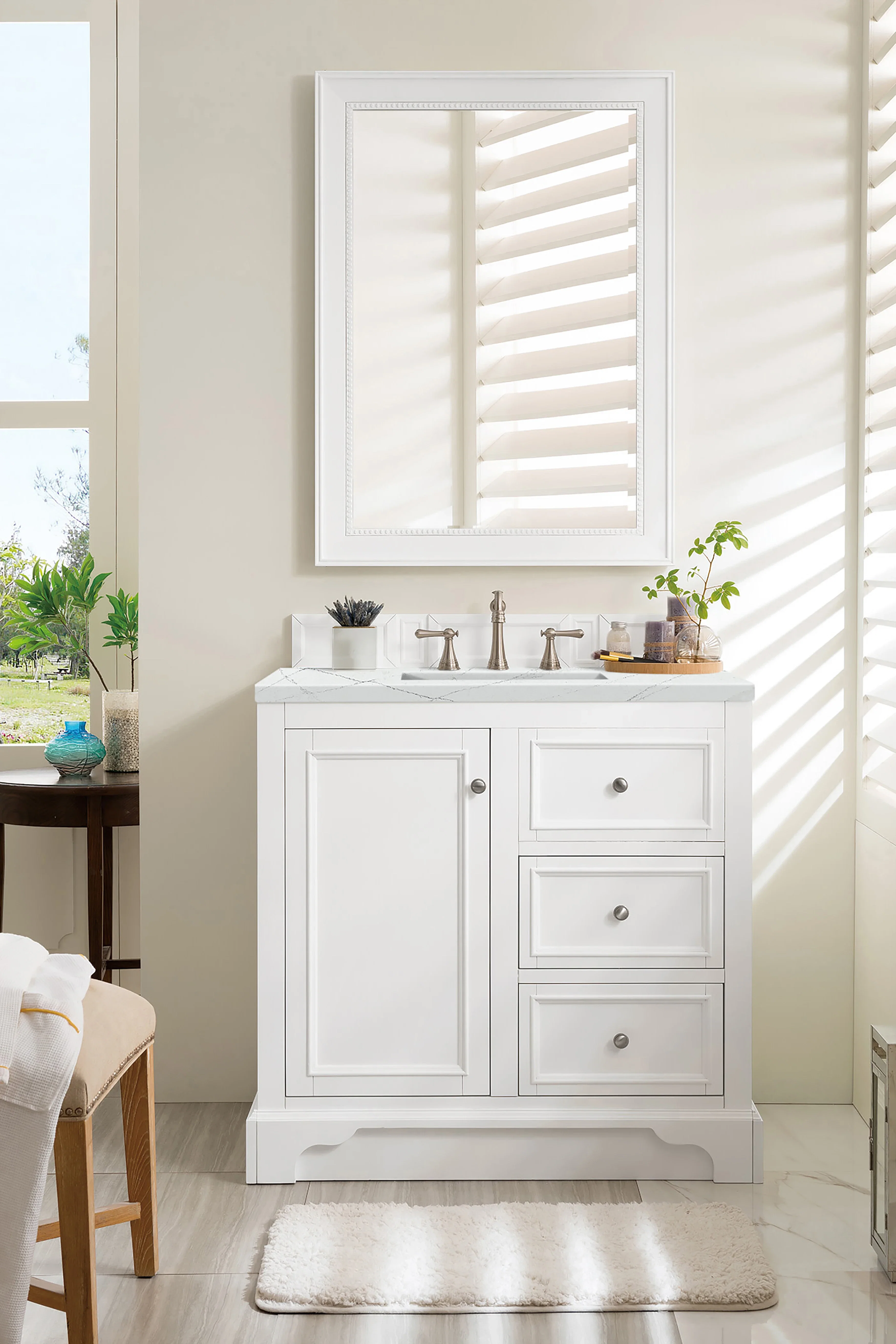 De Soto 36" Single Vanity, Bright White, w/ 3 CM Ethereal Noctis Silestone Top