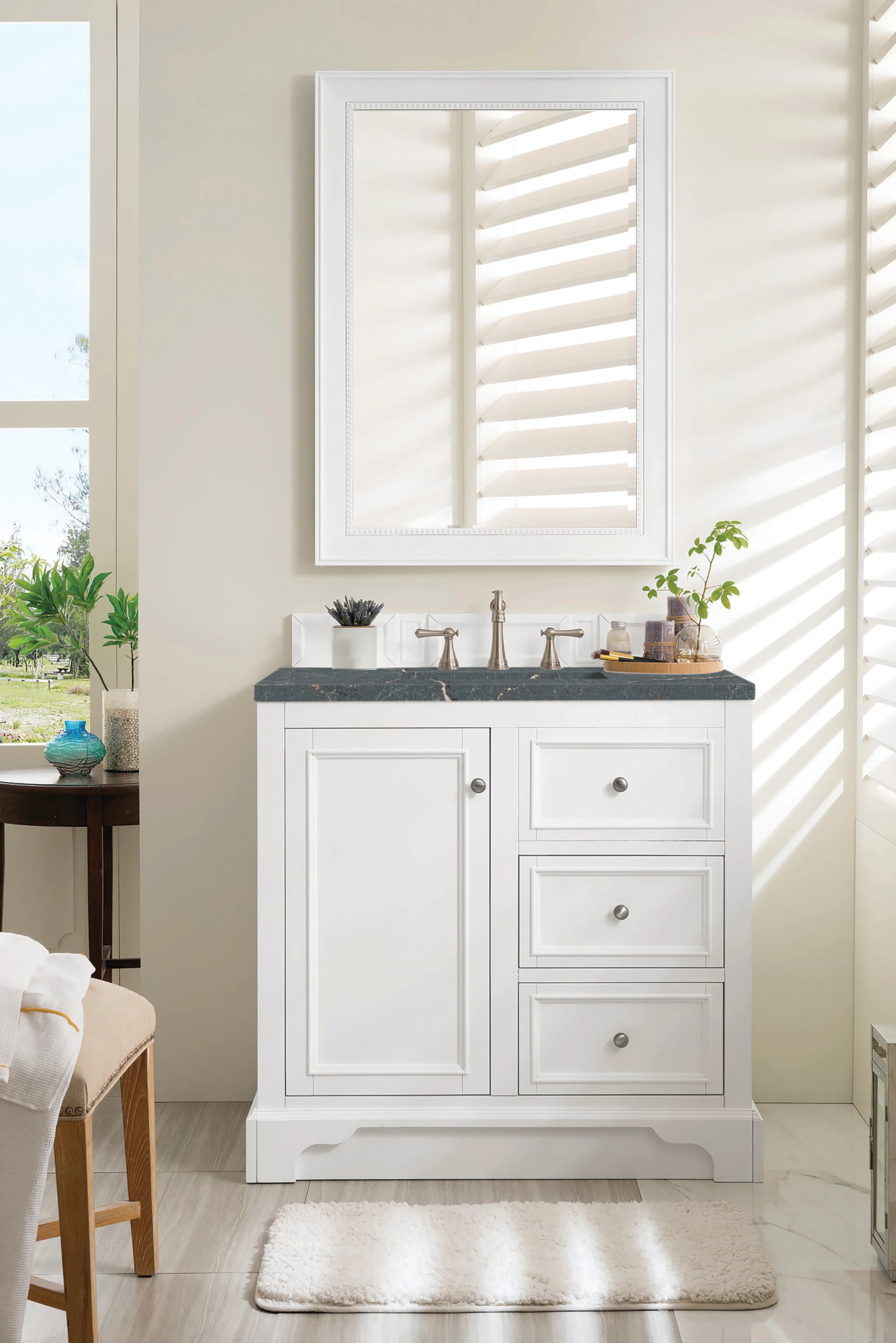 De Soto 36" Single Vanity, Bright White w/ 3 CM Parisien Bleu Silestone Top
