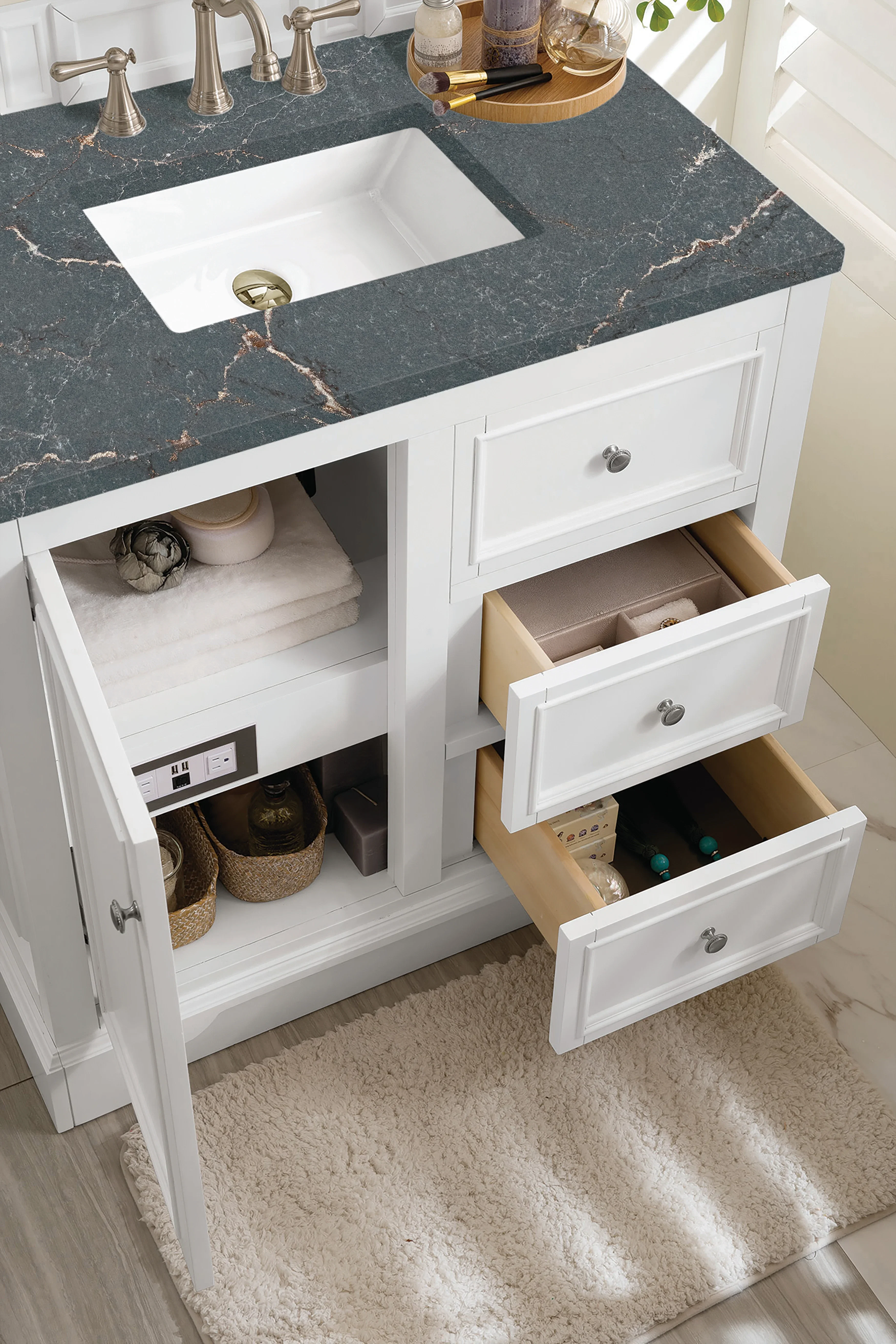 De Soto 36" Single Vanity, Bright White w/ 3 CM Parisien Bleu Silestone Top