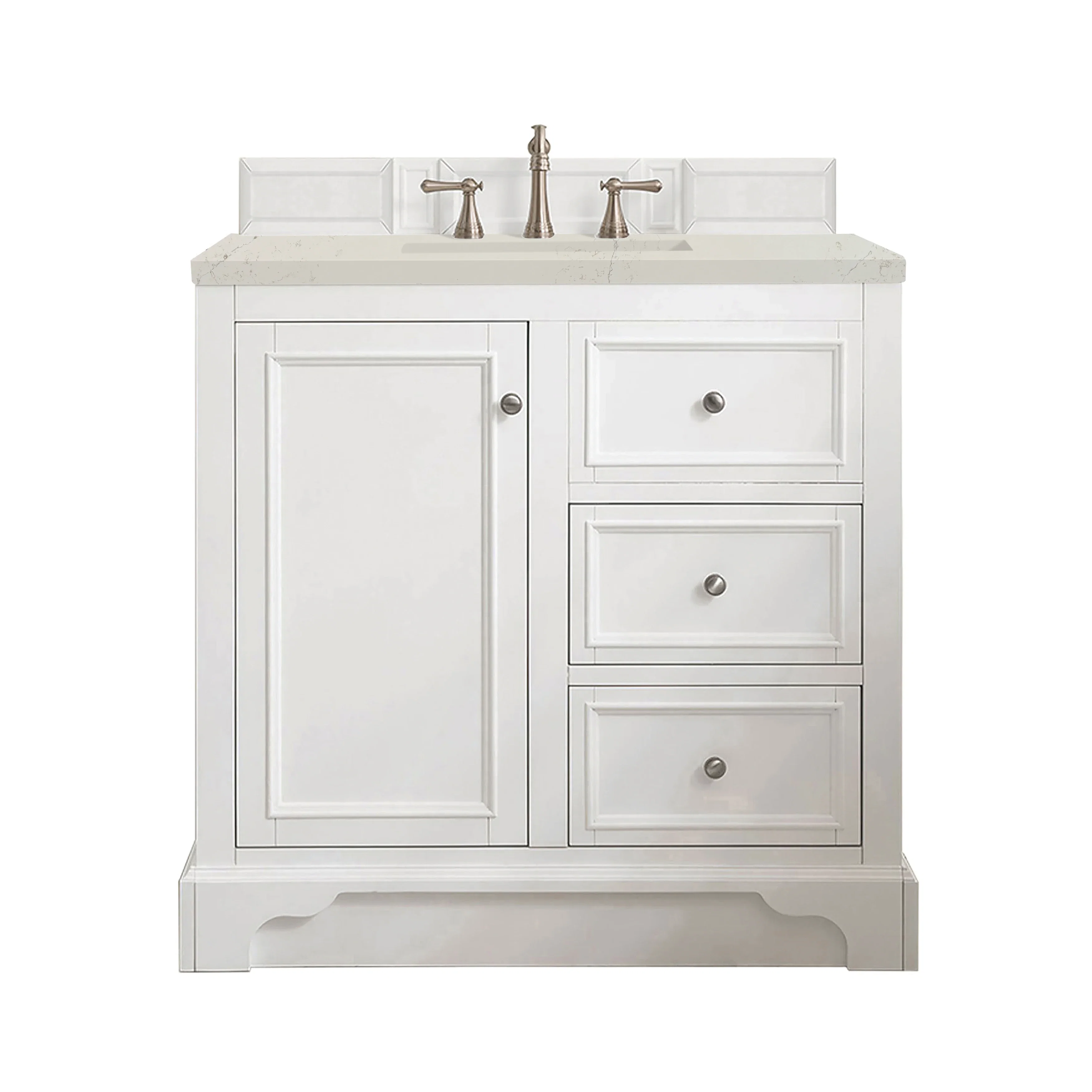 De Soto 36" Single Vanity, Bright White, w/ 3 CM Siberian Silestone Top