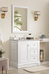 De Soto 36" Single Vanity, Bright White w/ 3 CM Victorian Silver Silestone Top