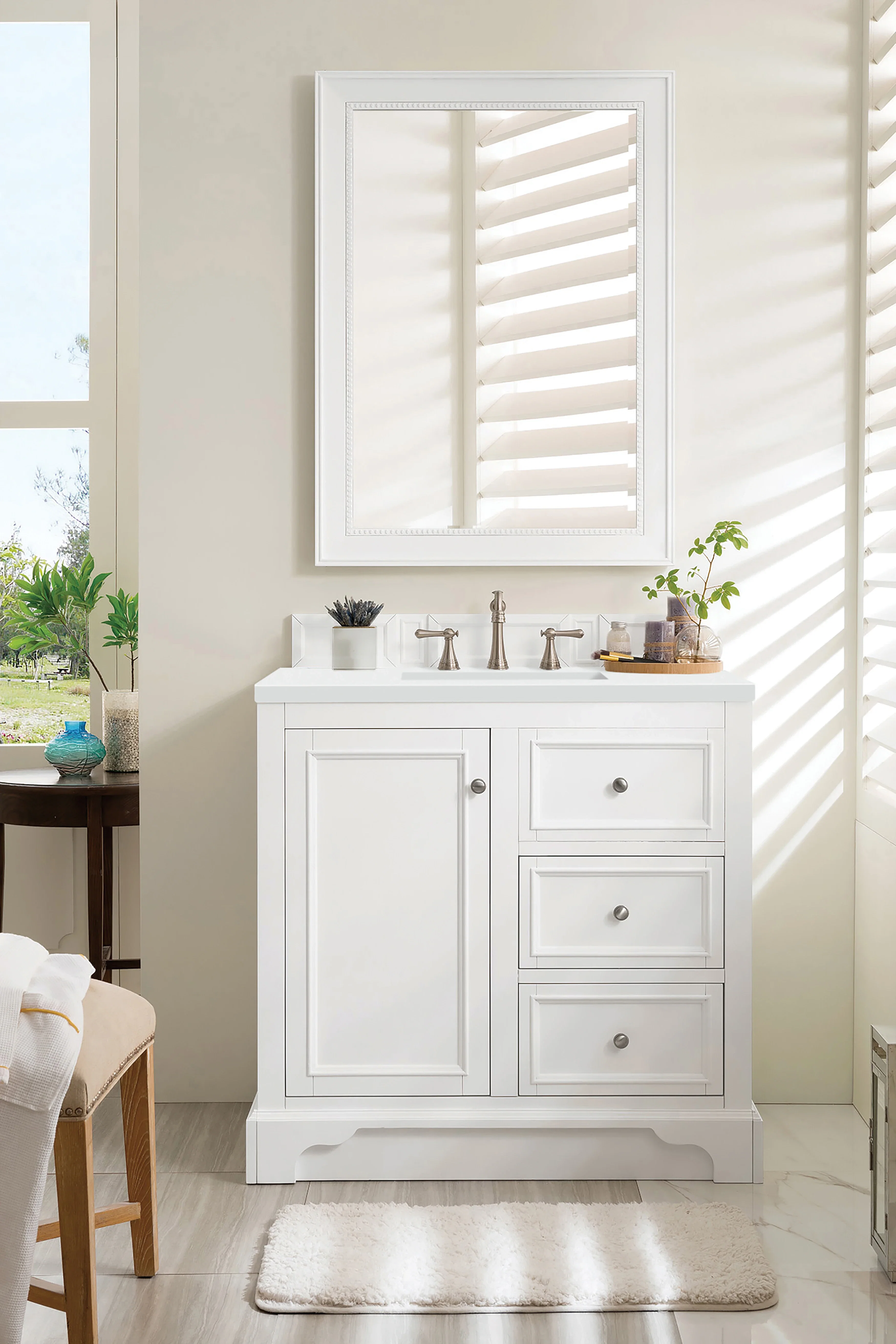 De Soto 36" Single Vanity, Bright White w/ 3 CM White Zeus Silestone Top