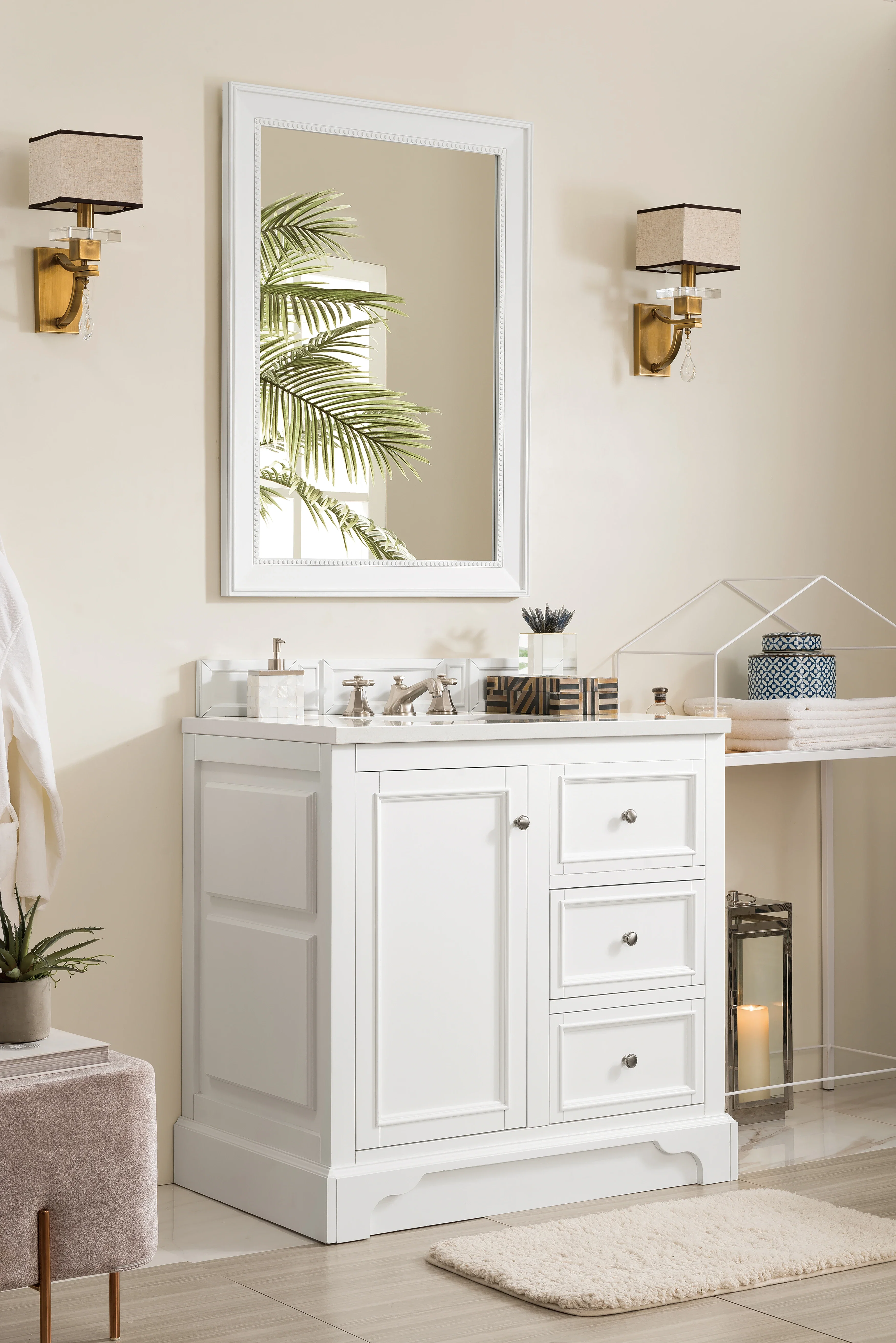 De Soto 36" Single Vanity, Bright White w/ 3 CM White Zeus Silestone Top