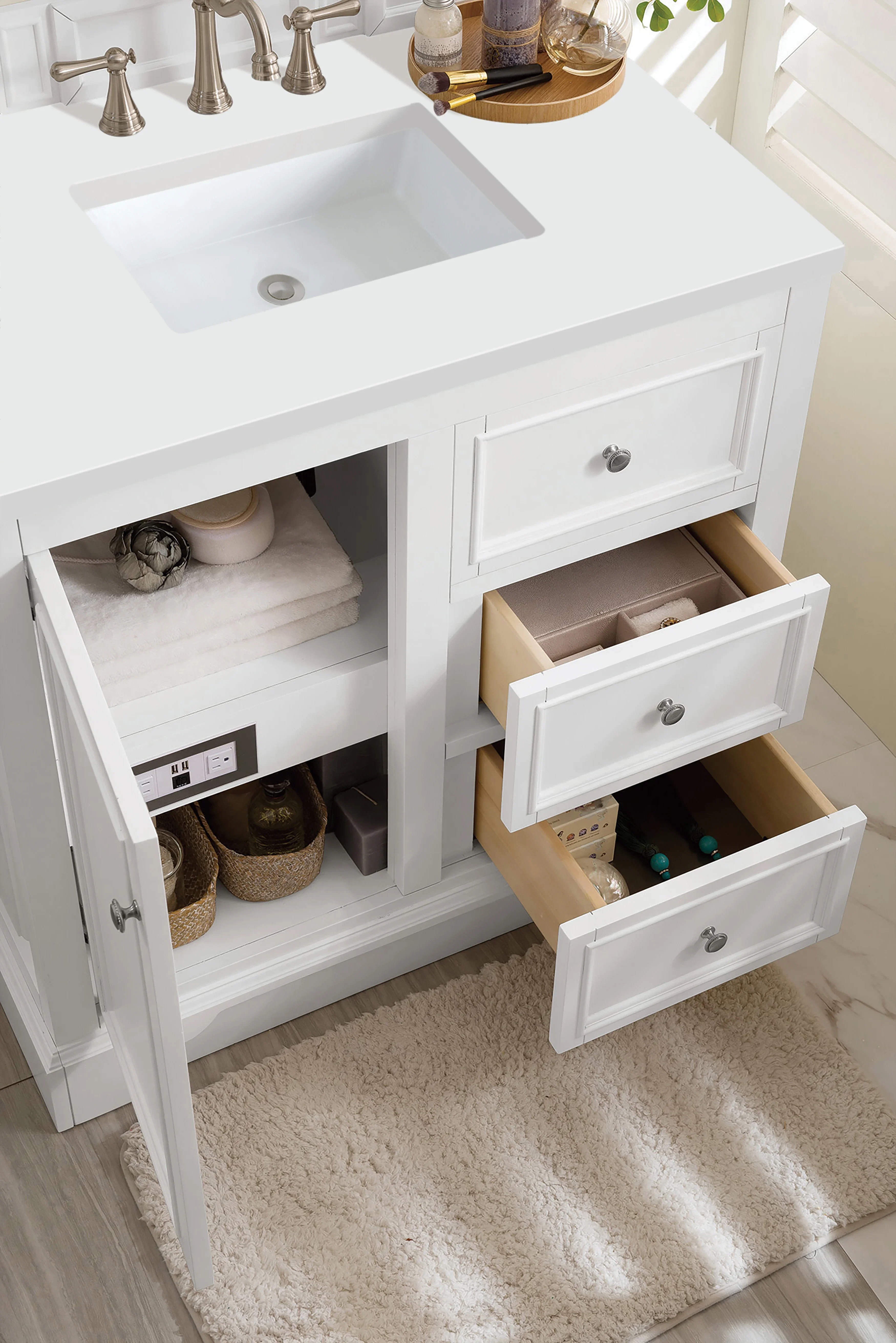 De Soto 36" Single Vanity, Bright White w/ 3 CM White Zeus Silestone Top