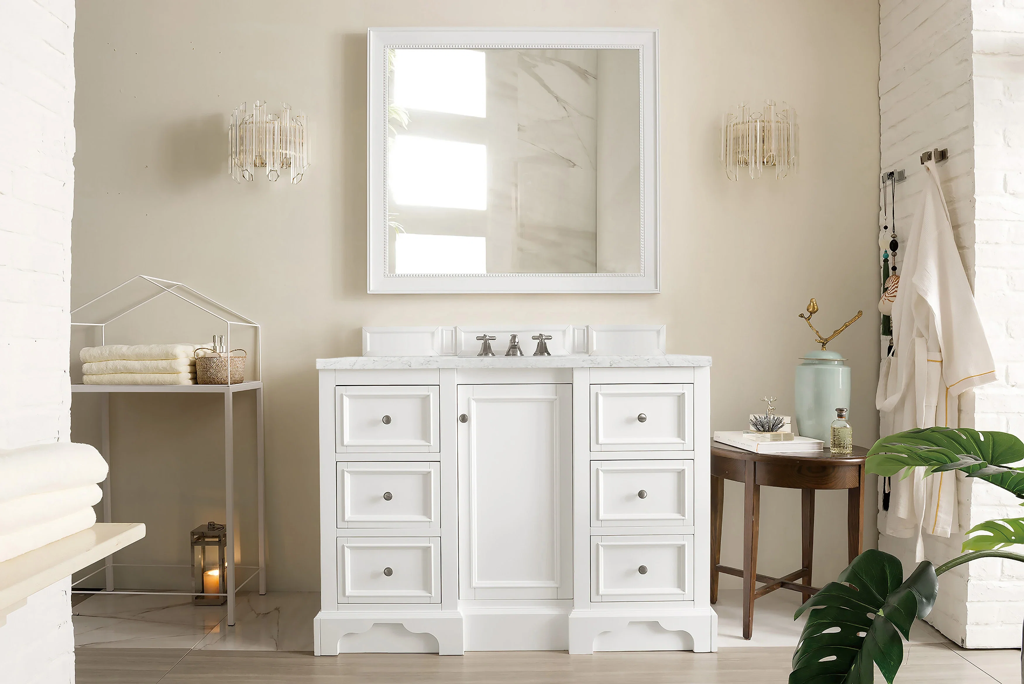De Soto 48" Single Vanity, Bright White w/ 3 CM Eternal Jasmine Pearl Silestone Top