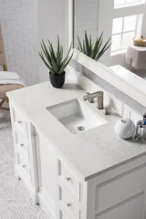 De Soto 48" Single Vanity, Bright White w/ 3 CM Eternal Jasmine Pearl Silestone Top