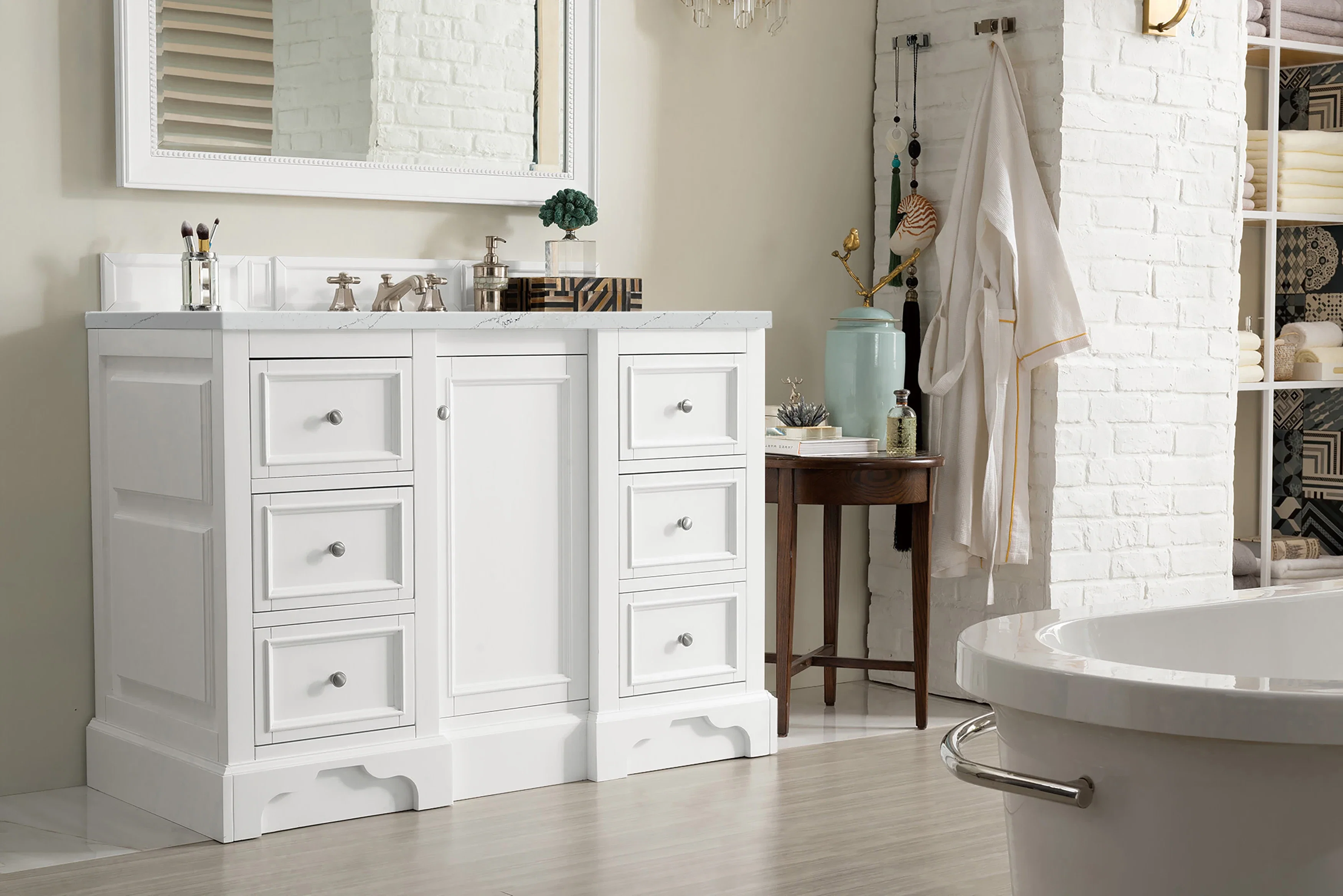 De Soto 48" Single Vanity, Bright White w/ 3 CM Ethereal Noctis Silestone Top