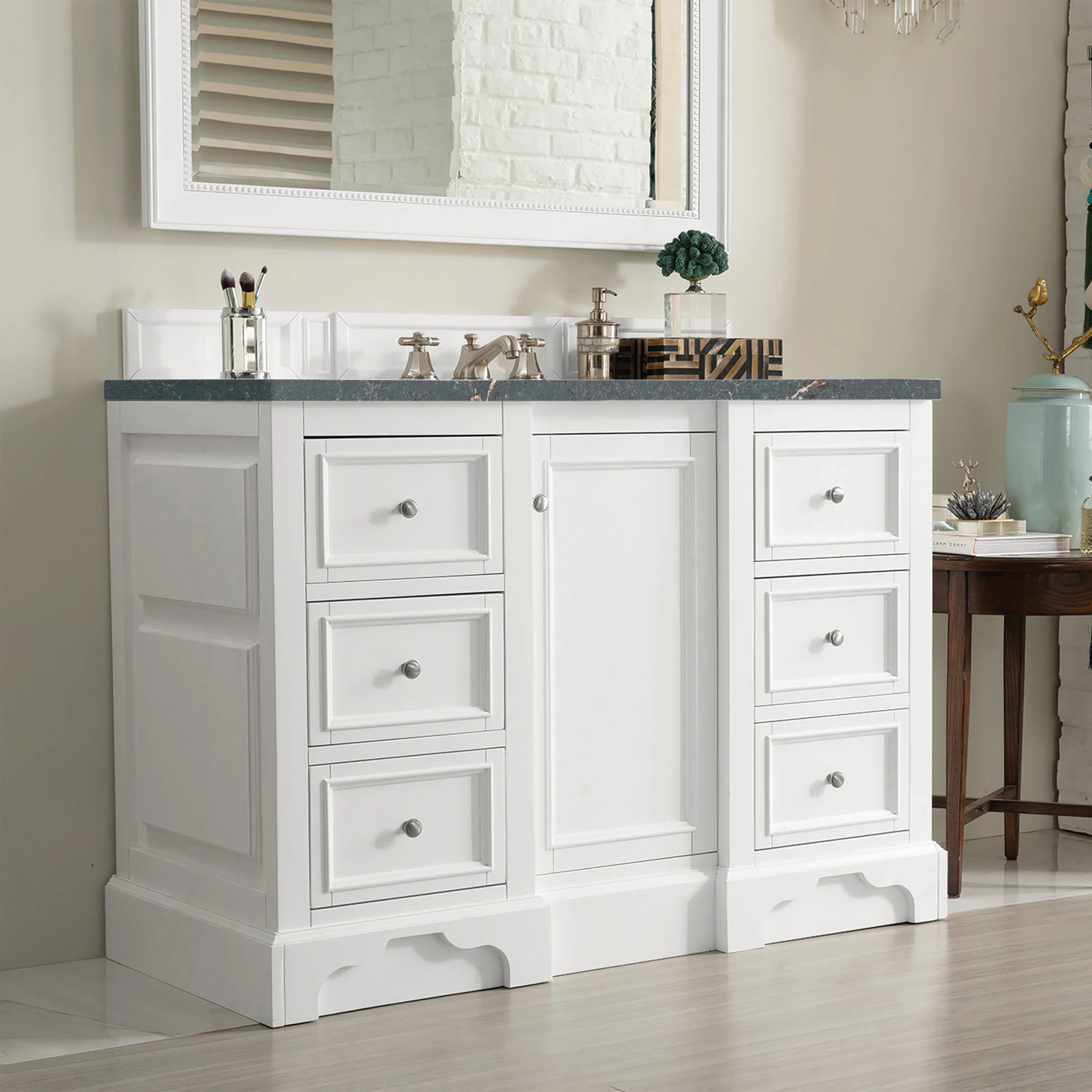 De Soto 48" Single Vanity, Bright White w/ 3 CM Parisien Bleu Silestone Top